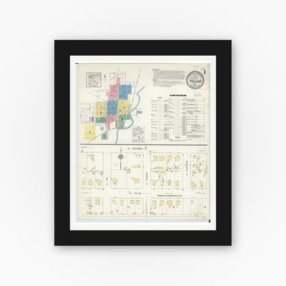 Old map wall art mockup — black gallery frame with white mat — Sanborn Fire Insurance Map from Paulding, Paulding County, Ohio (1913), Sheet #0001