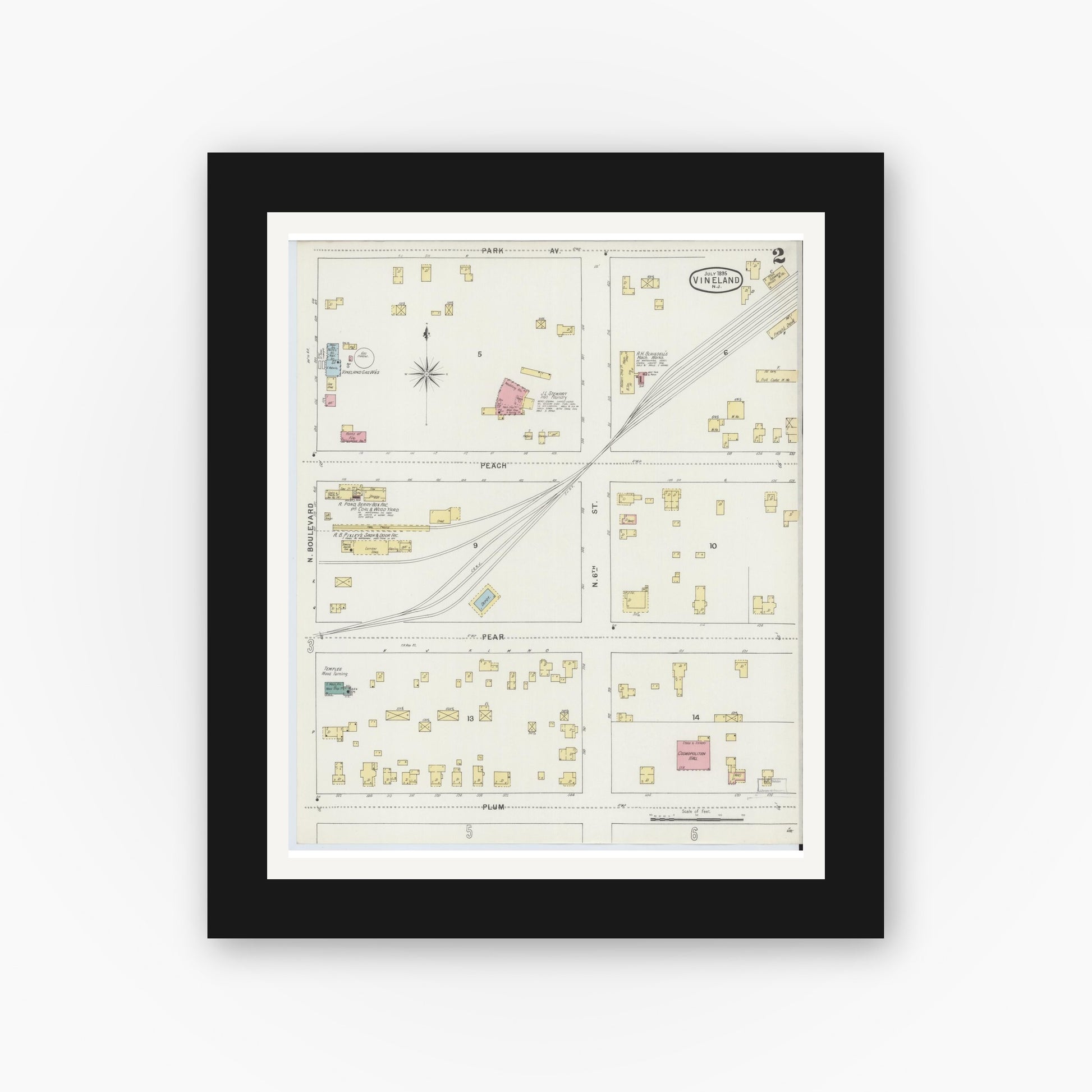 Old map wall art mockup — black gallery frame with white mat — Sanborn Fire Insurance Map from Vineland, Cumberland County, New Jersey (1895), Sheet #0002