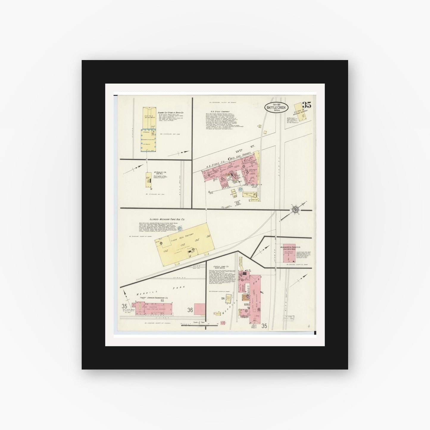 Old map wall art mockup — black gallery frame with white mat — Sanborn Fire Insurance Map from Battle Creek, Calhoun County, Michigan (1913), Sheet #0035