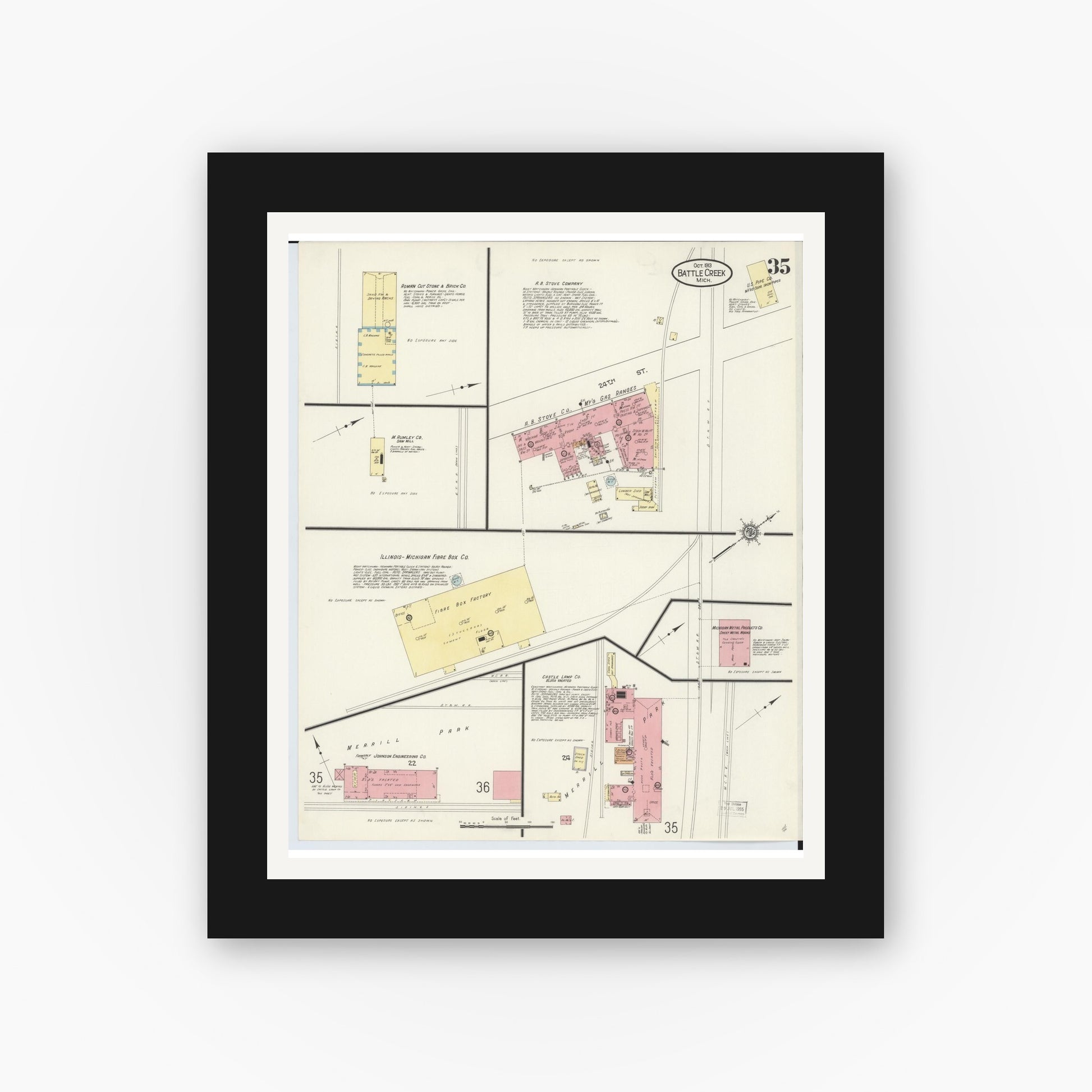 Old map wall art mockup — black gallery frame with white mat — Sanborn Fire Insurance Map from Battle Creek, Calhoun County, Michigan (1913), Sheet #0035