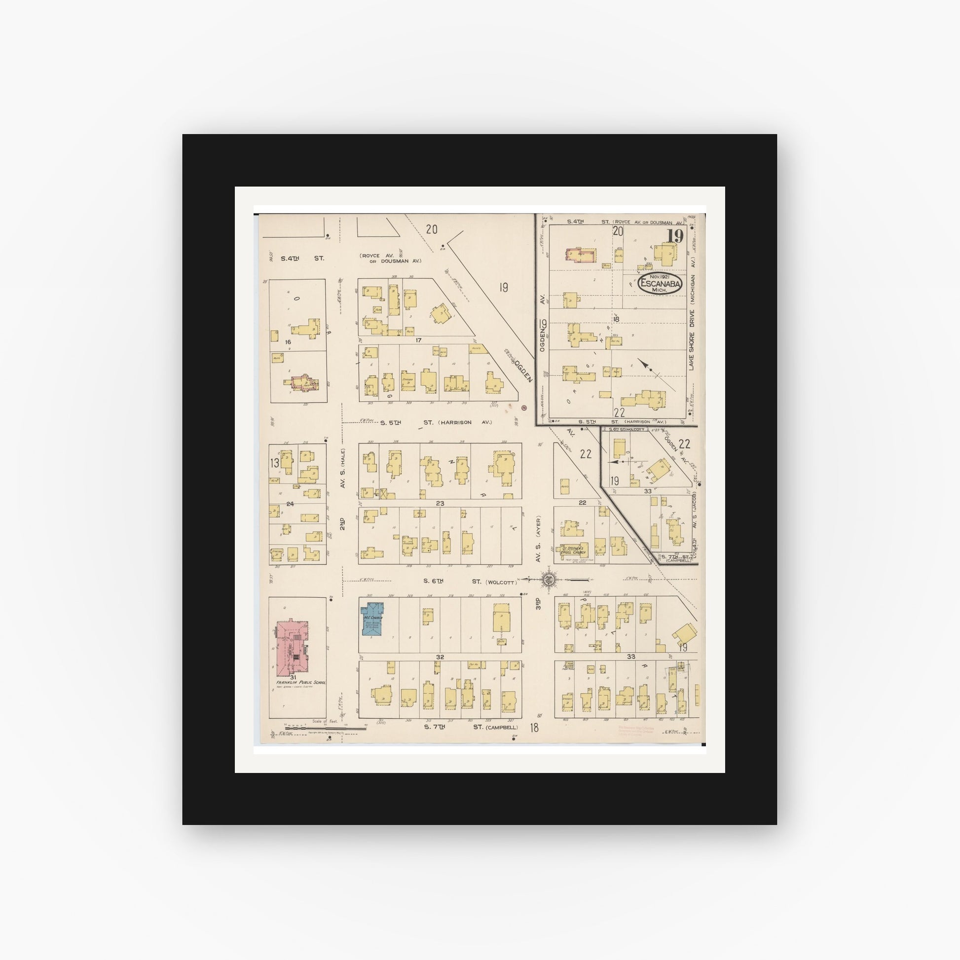Old map wall art mockup — black gallery frame with white mat — Sanborn Fire Insurance Map from Escanaba, Delta County, Michigan (1921), Sheet #0019