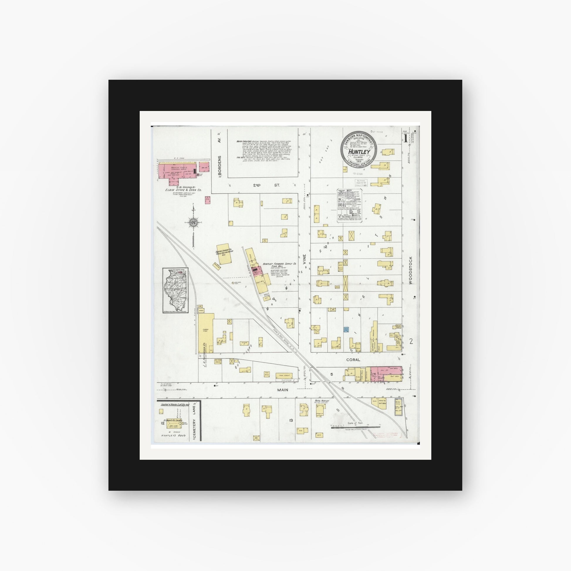 Old map wall art mockup — black gallery frame with white mat — Sanborn Fire Insurance Map from Huntley, McHenry County, Illinois (1919), Sheet #0001