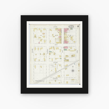 Old map wall art mockup — black gallery frame with white mat — Sanborn Fire Insurance Map from Bellevue, Eaton County, Michigan (1895), Sheet #0002