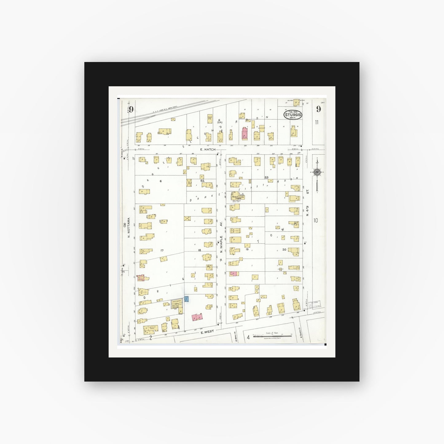 Old map wall art mockup — black gallery frame with white mat — Sanborn Fire Insurance Map from Sturgis, Saint Joseph County, Michigan (1923), Sheet #0009