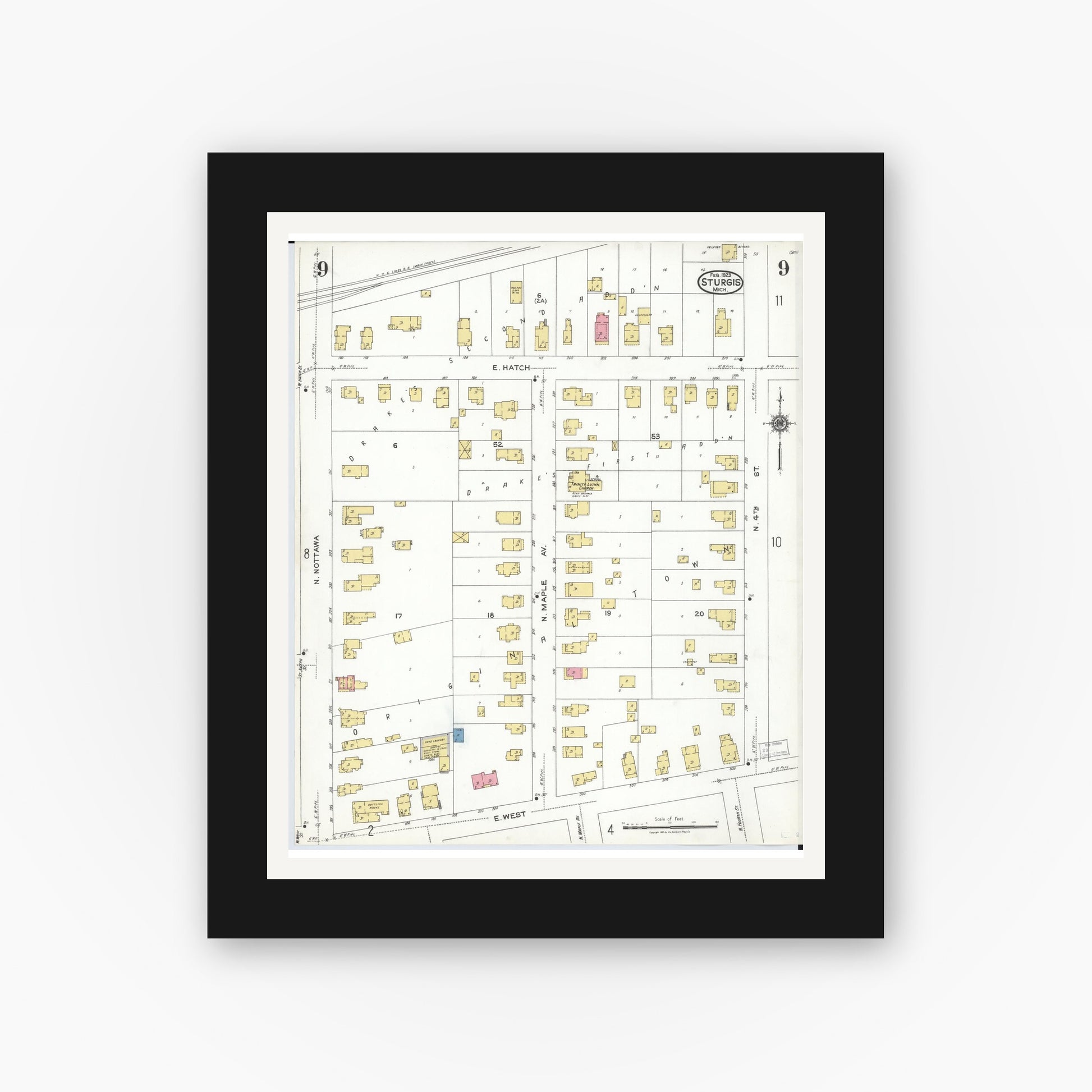Old map wall art mockup — black gallery frame with white mat — Sanborn Fire Insurance Map from Sturgis, Saint Joseph County, Michigan (1923), Sheet #0009