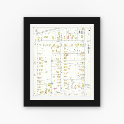 Old map wall art mockup — black gallery frame with white mat — Sanborn Fire Insurance Map from Sturgis, Saint Joseph County, Michigan (1923), Sheet #0009