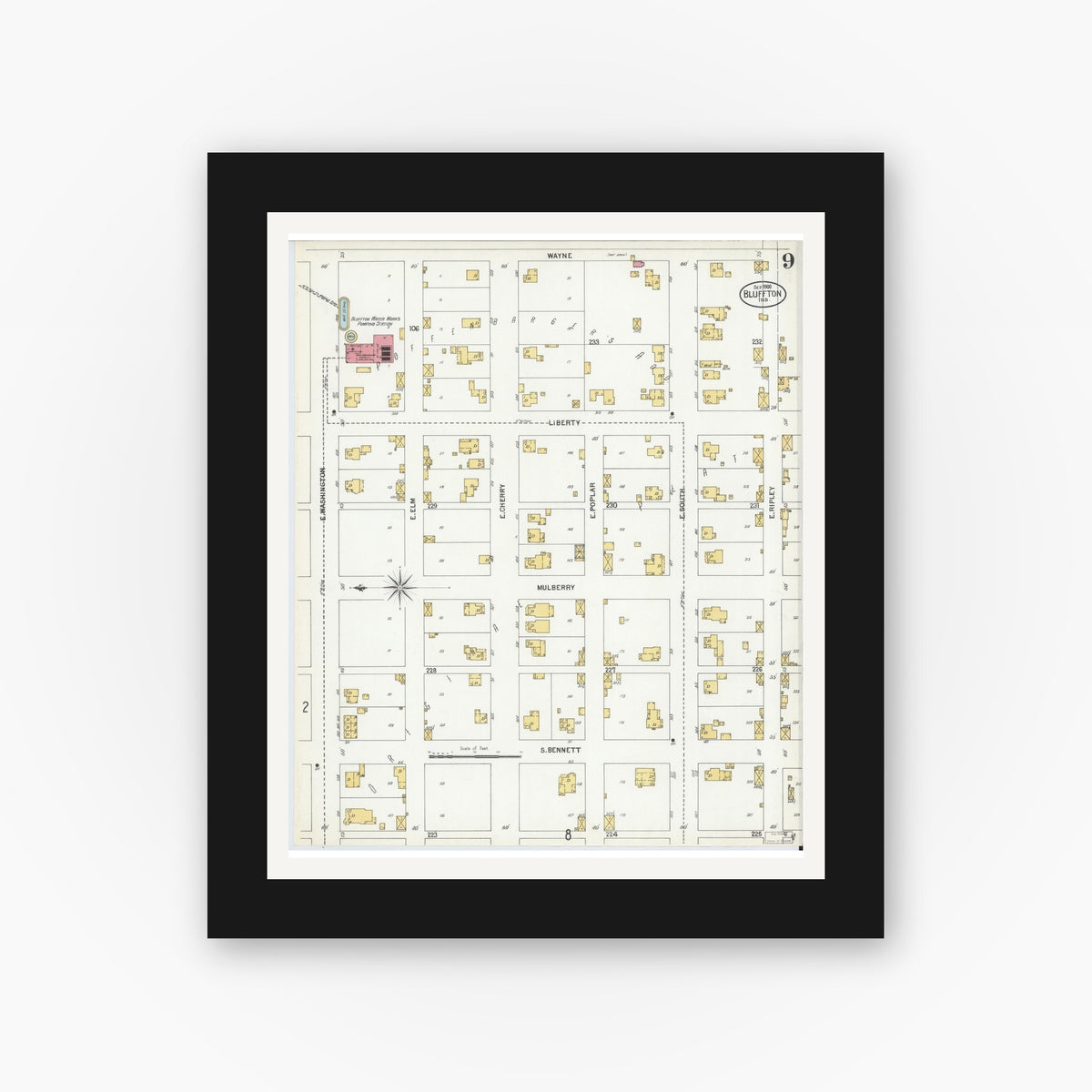 Old map wall art mockup — black gallery frame with white mat — Sanborn Fire Insurance Map from Bluffton, Wells County, Indiana (1900), Sheet #0009