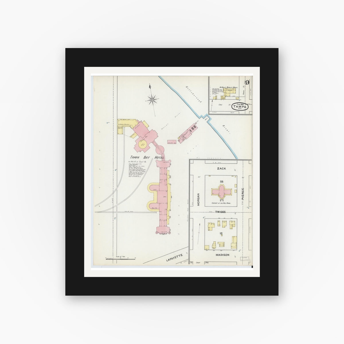 Old map wall art mockup — black gallery frame with white mat — Sanborn Fire Insurance Map from Tampa, Hillsborough County, Florida (1892), Sheet #0009