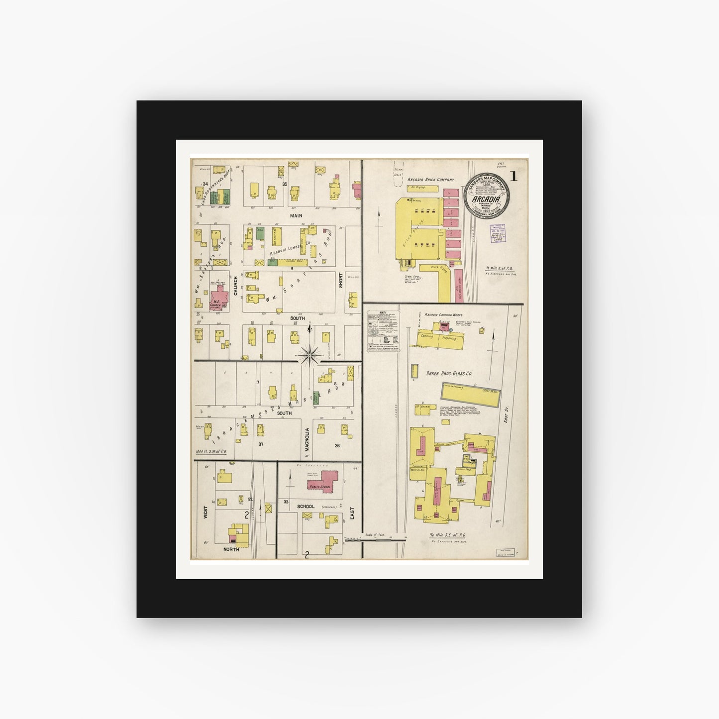 Old map wall art mockup — black gallery frame with white mat — Sanborn Fire Insurance Map from Arcadia, Hamilton County, Indiana (1902), Sheet #0001