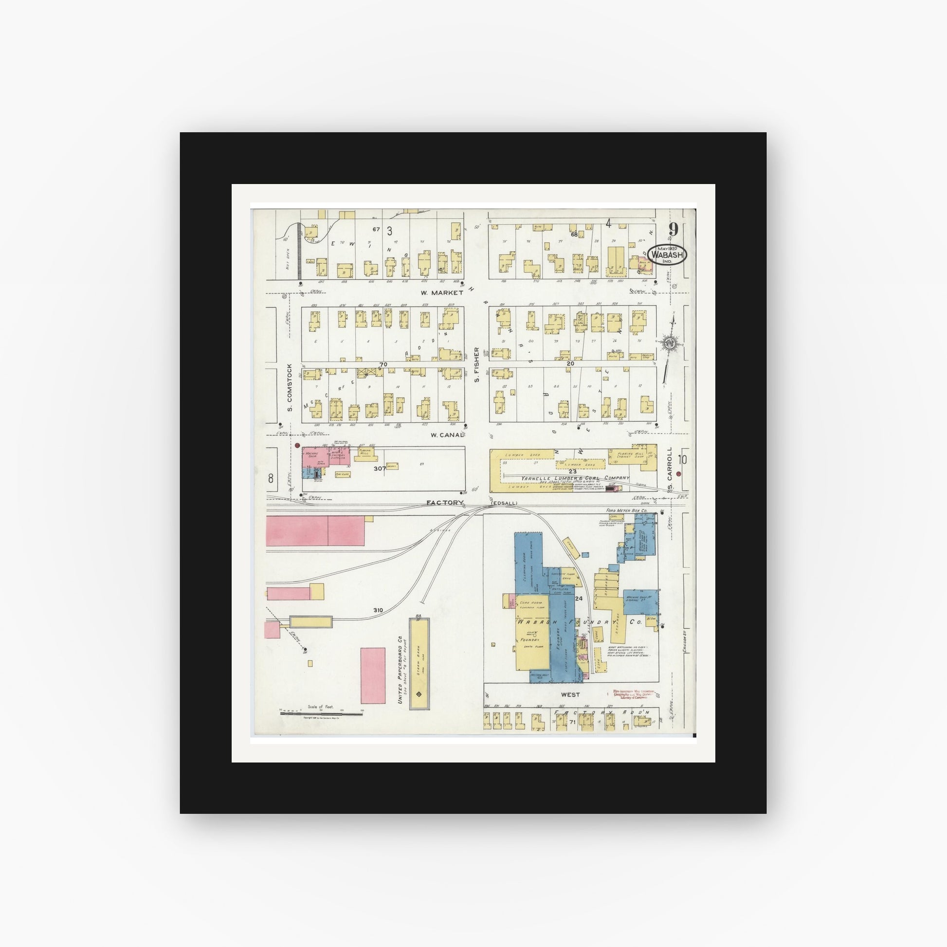 Old map wall art mockup — black gallery frame with white mat — Sanborn Fire Insurance Map from Wabash, Wabash County, Indiana (1920), Sheet #0009