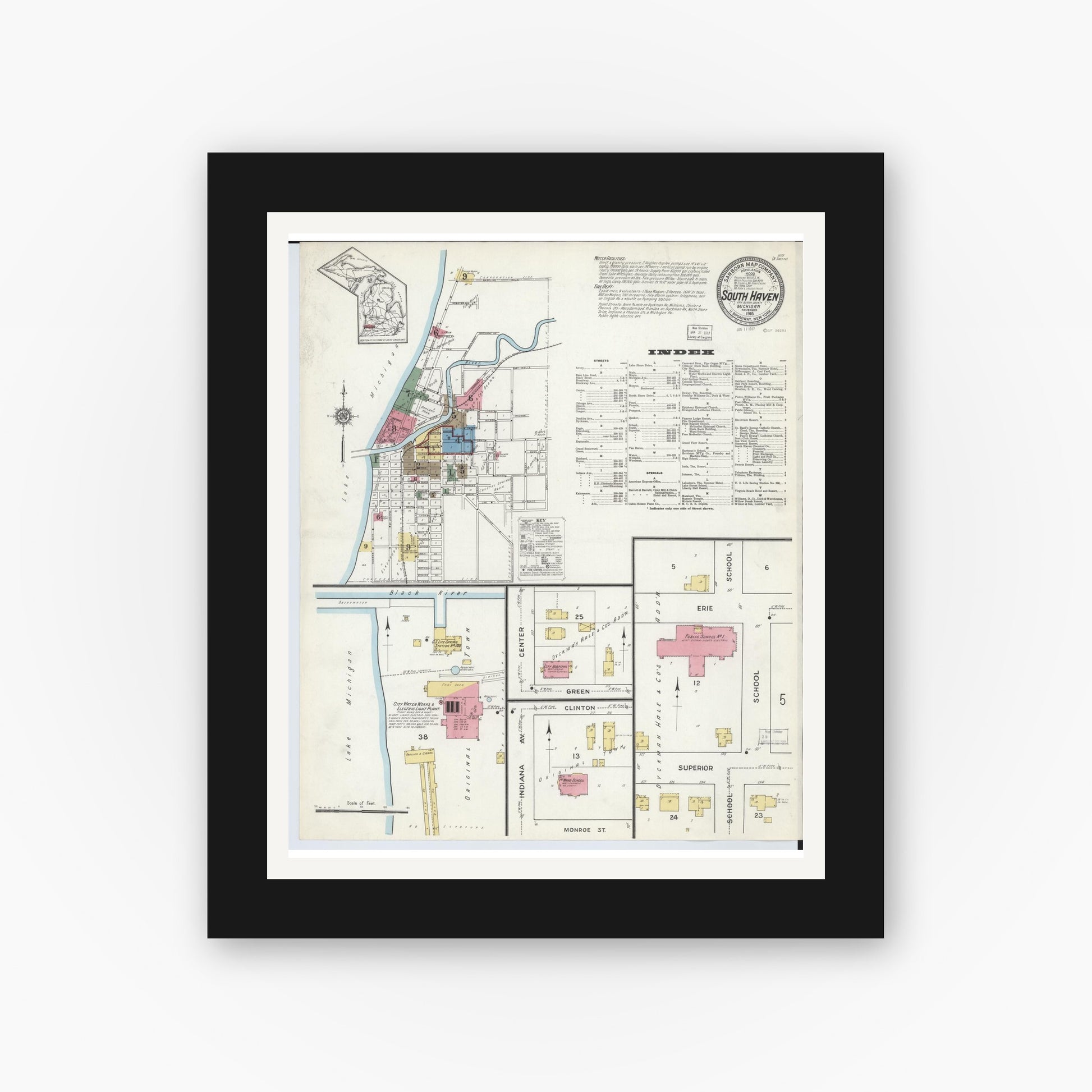 Old map wall art mockup — black gallery frame with white mat — Sanborn Fire Insurance Map from South Haven, Van Buren County, Michigan (1916), Sheet #0001