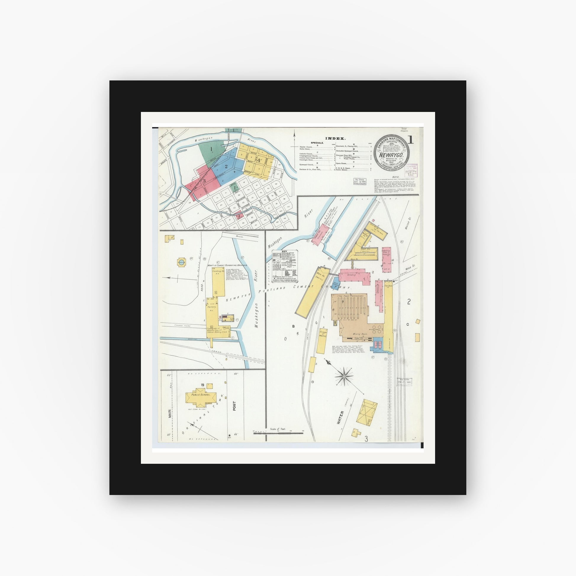 Old map wall art mockup — black gallery frame with white mat — Sanborn Fire Insurance Map from Newaygo, Newaygo County, Michigan (1904) - Complete Map Set