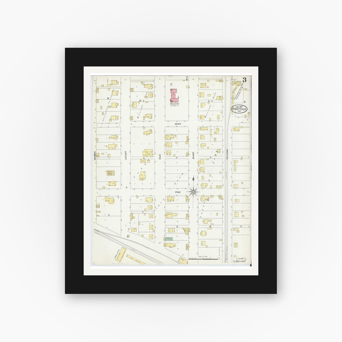 Old map wall art mockup — black gallery frame with white mat — Sanborn Fire Insurance Map from Poseyville, Posey County, Indiana (1907), Sheet #0003