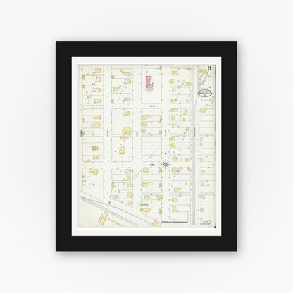 Old map wall art mockup — black gallery frame with white mat — Sanborn Fire Insurance Map from Poseyville, Posey County, Indiana (1907), Sheet #0003
