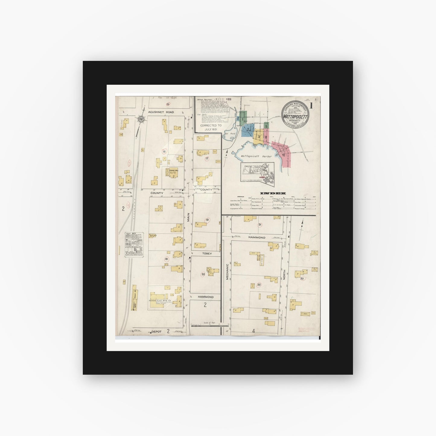 Old map wall art mockup — black gallery frame with white mat — Sanborn Fire Insurance Map from Mattapoisett, Plymouth County, Massachusetts (1931), Sheet #0001