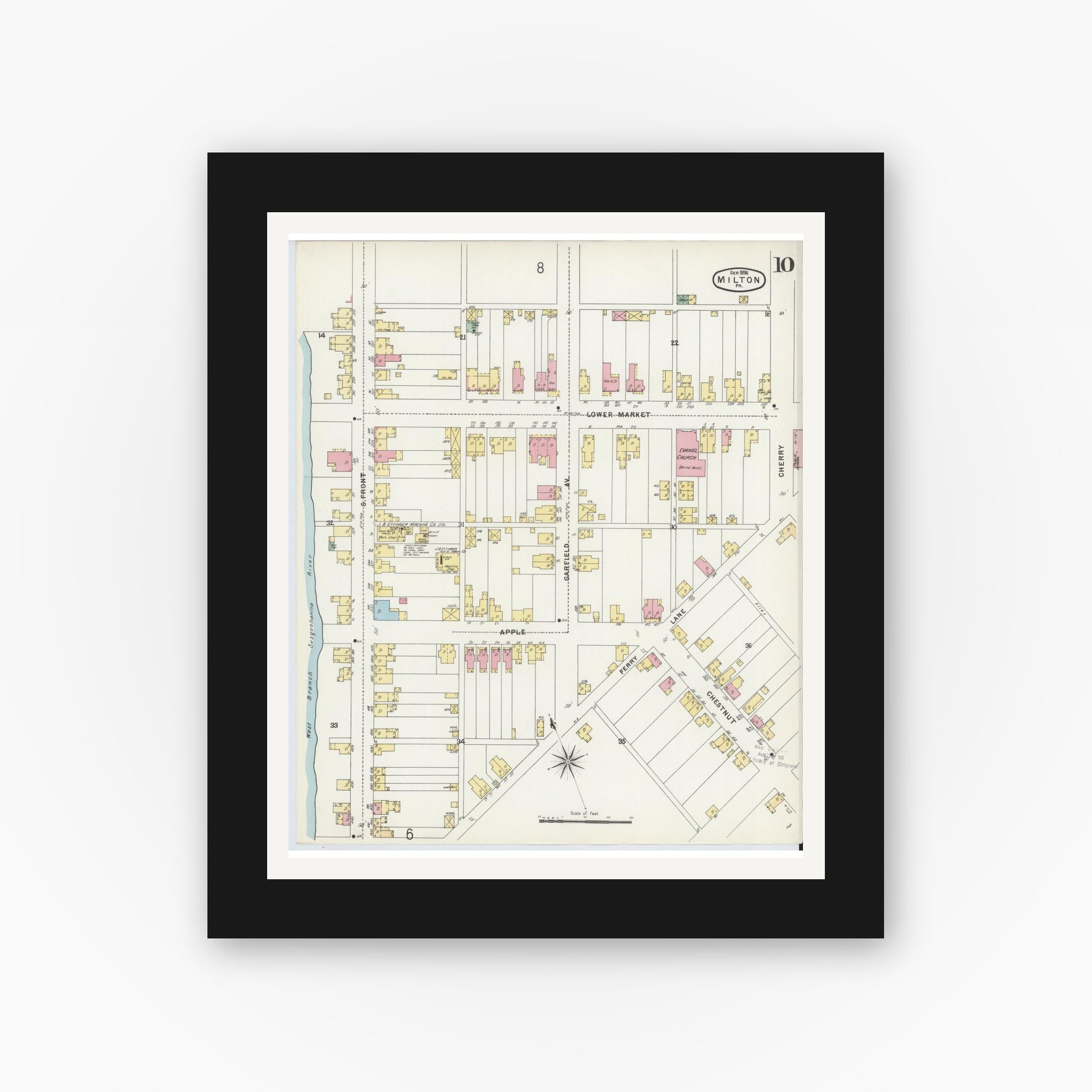 Old map wall art mockup — black gallery frame with white mat — Sanborn Fire Insurance Map from Milton, Northumberland County, Pennsylvania (1896), Sheet #0010