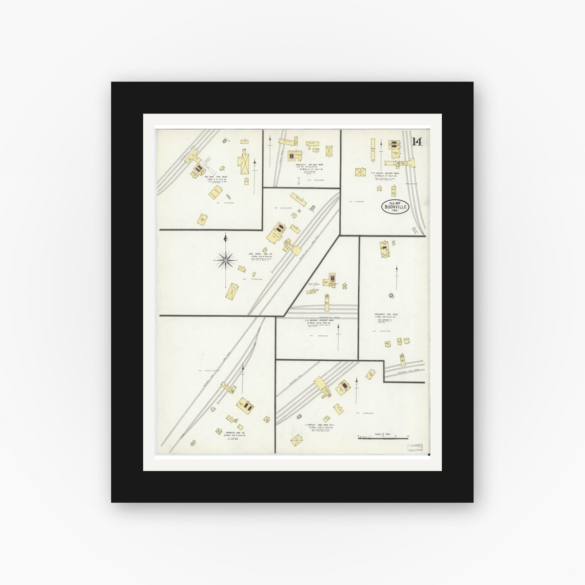 Old map wall art mockup — black gallery frame with white mat — Sanborn Fire Insurance Map from Boonville, Warrick County, Indiana (1907), Sheet #0014