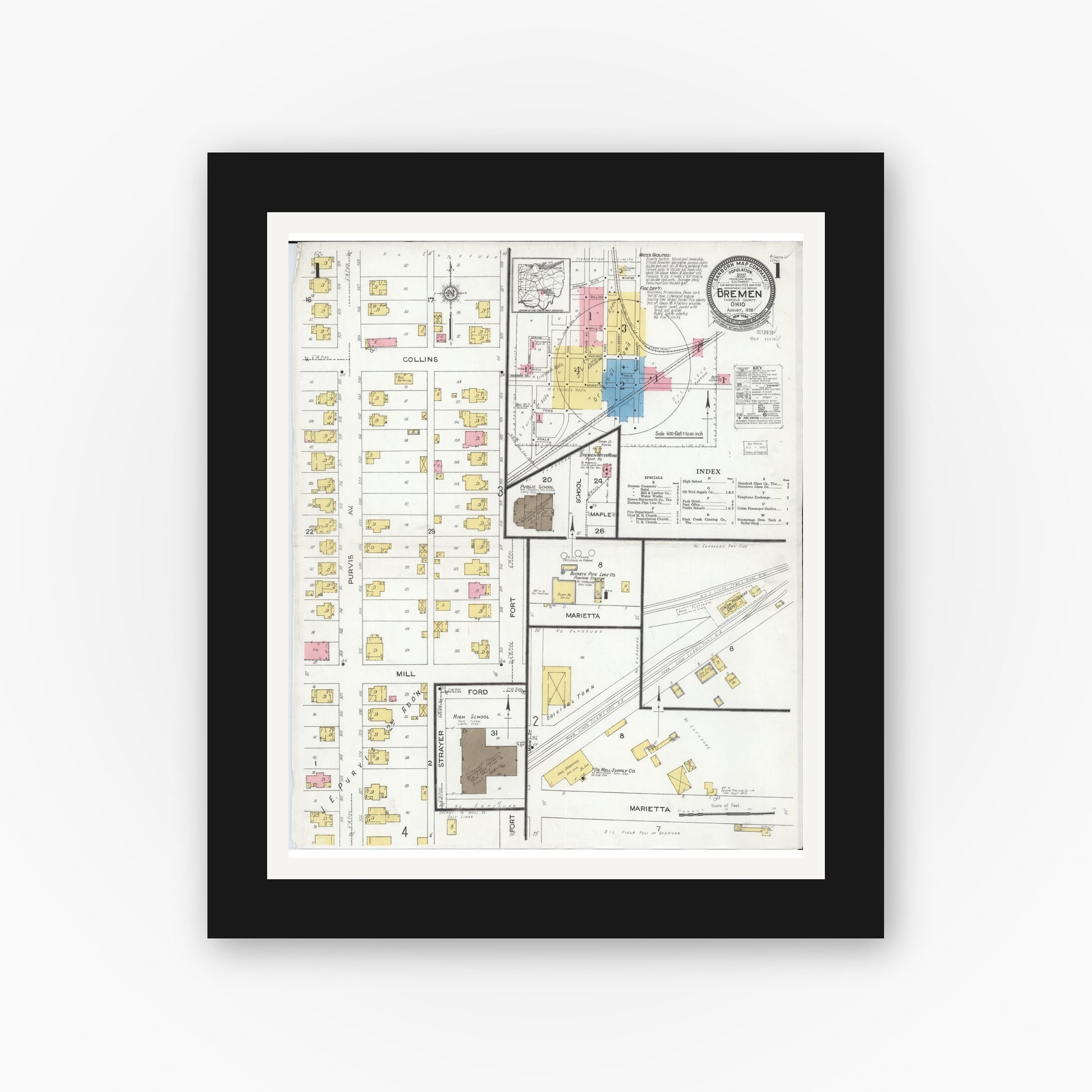Old map wall art mockup — black gallery frame with white mat — Sanborn Fire Insurance Map from Bremen, Fairfield County, Ohio (1926) - Complete Map Set