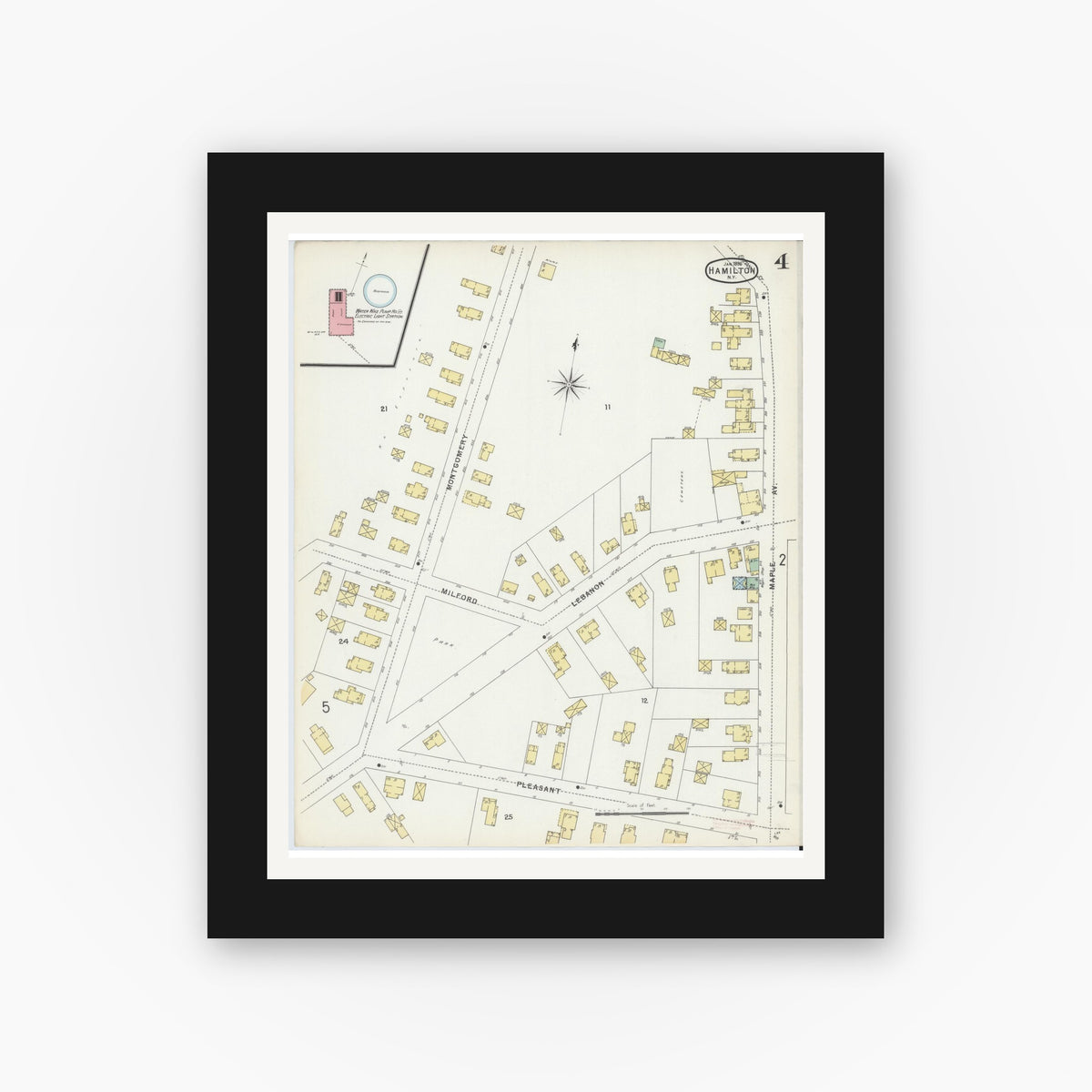 Old map wall art mockup — black gallery frame with white mat — Sanborn Fire Insurance Map from Hamilton, Madison County, New York (1896), Sheet #0004