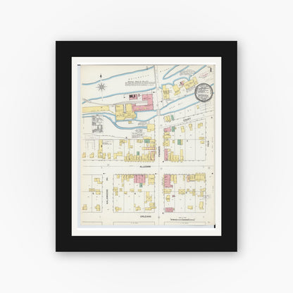 Old map wall art mockup — black gallery frame with white mat — Sanborn Fire Insurance Map from Otsego, Allegan County, Michigan (1892), Sheet #0001