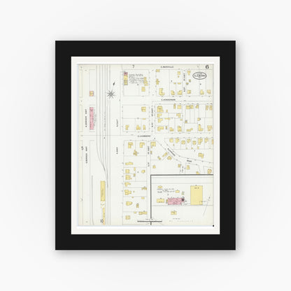 Old map wall art mockup — black gallery frame with white mat — Sanborn Fire Insurance Map from Cleburne, Johnson County, Texas (1898), Sheet #0006