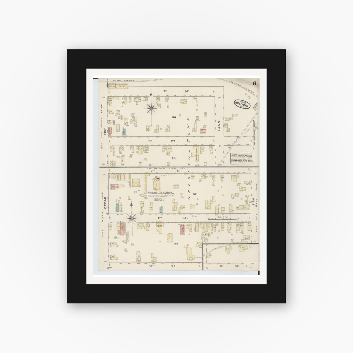 Old map wall art mockup — black gallery frame with white mat — Sanborn Fire Insurance Map from Holland, Ottawa County, Michigan (1883), Sheet #0006