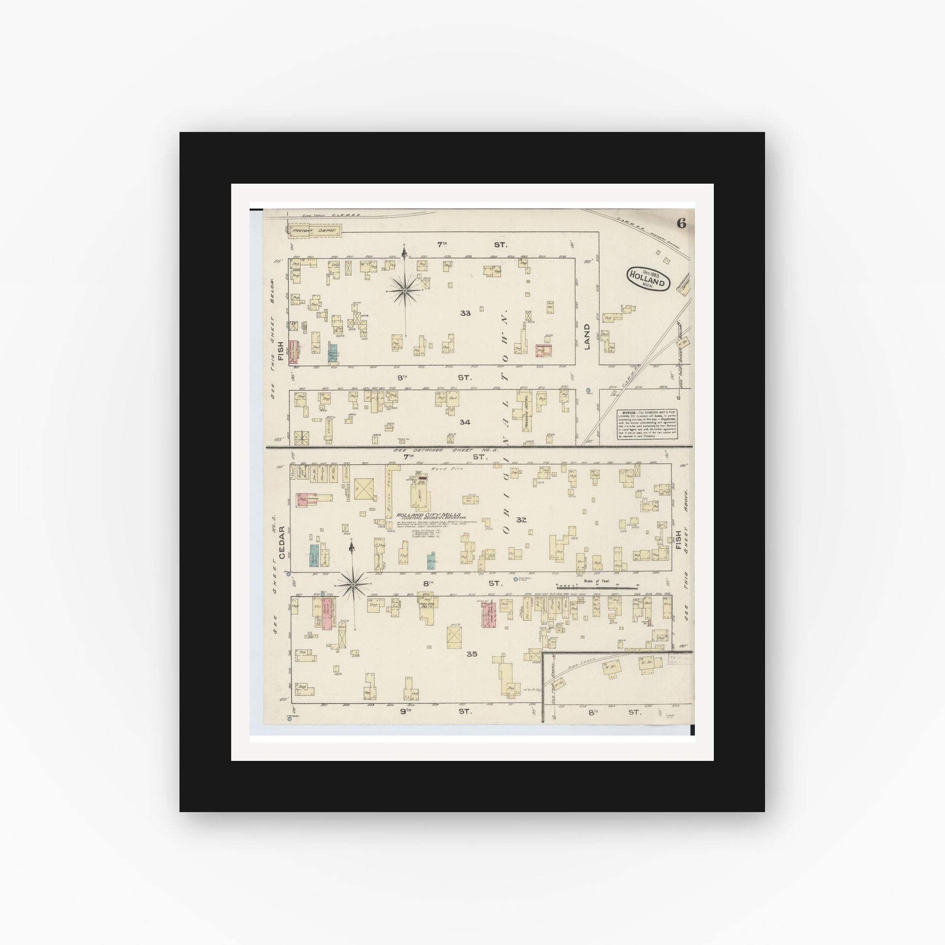 Old map wall art mockup — black gallery frame with white mat — Sanborn Fire Insurance Map from Holland, Ottawa County, Michigan (1883), Sheet #0006