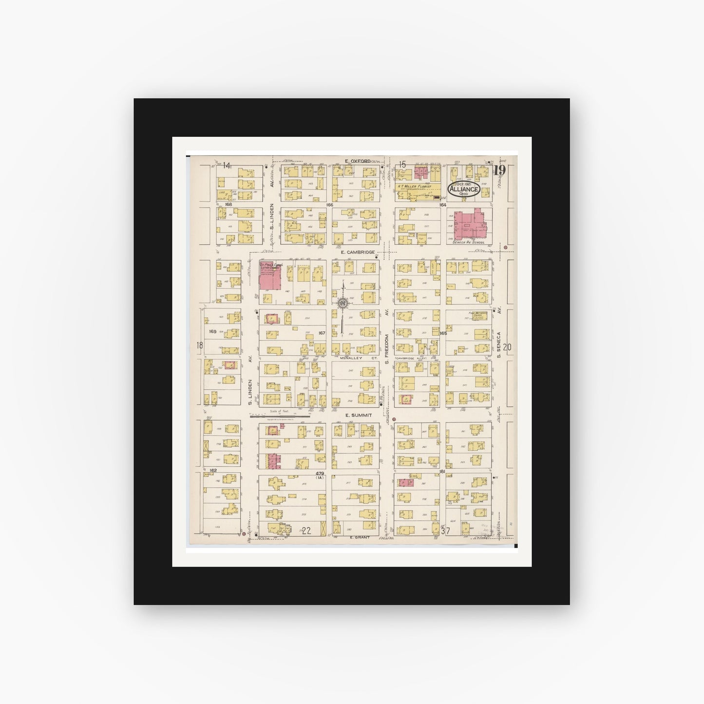 Old map wall art mockup — black gallery frame with white mat — Sanborn Fire Insurance Map from Alliance, Stark County, Ohio (1921), Sheet #0019