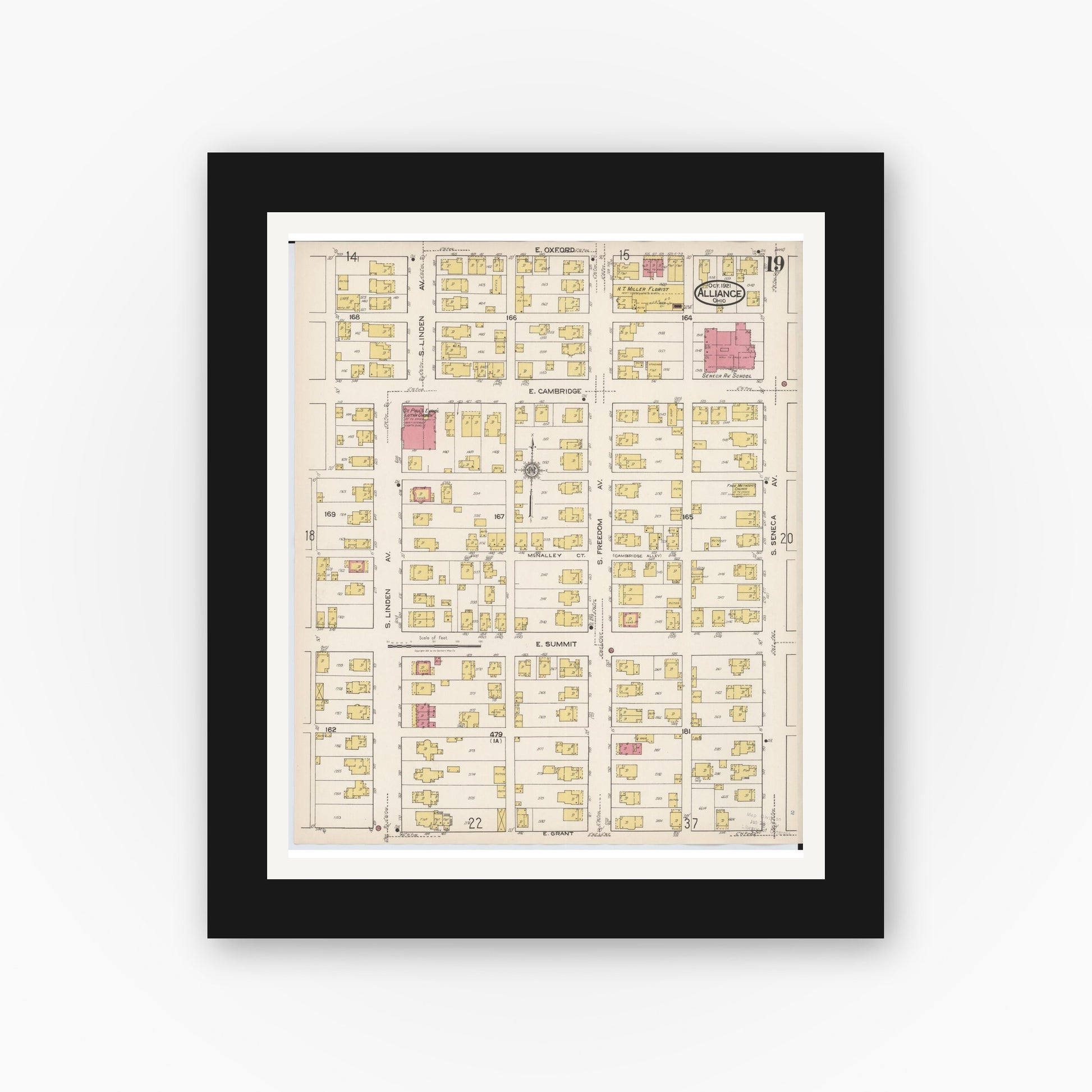 Old map wall art mockup — black gallery frame with white mat — Sanborn Fire Insurance Map from Alliance, Stark County, Ohio (1921), Sheet #0019