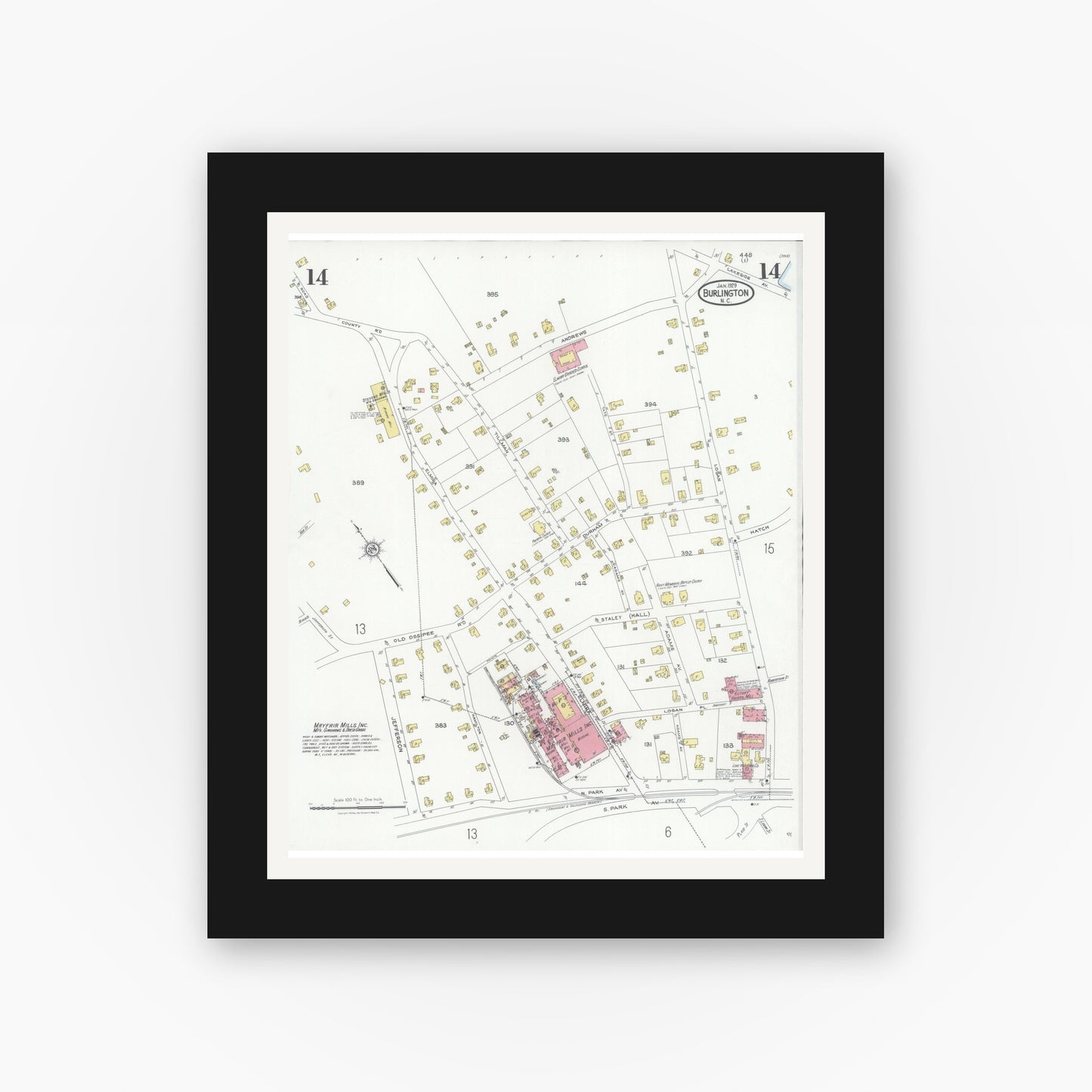 Old map wall art mockup — black gallery frame with white mat — Sanborn Fire Insurance Map from Burlington, Alamance County, North Carolina (1929), Sheet #0014