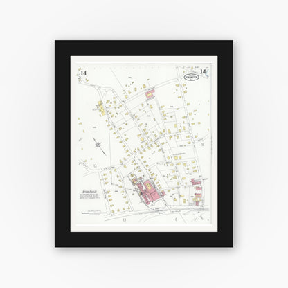 Old map wall art mockup — black gallery frame with white mat — Sanborn Fire Insurance Map from Burlington, Alamance County, North Carolina (1929), Sheet #0014