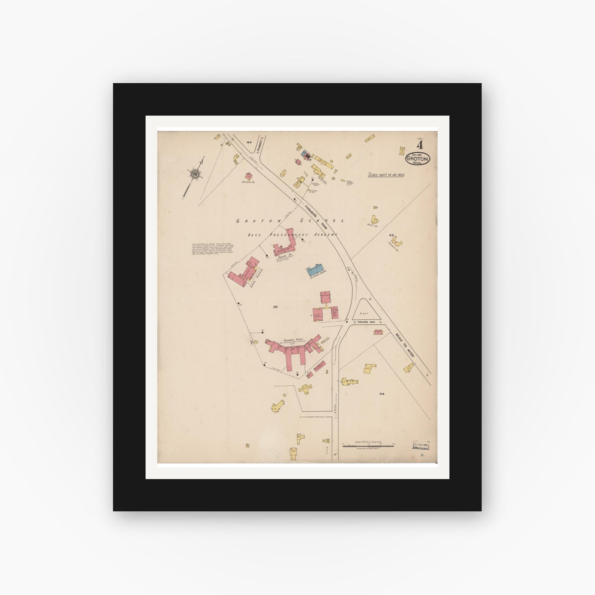 Old map wall art mockup — black gallery frame with white mat — Sanborn Fire Insurance Map from Groton, Middlesex County, Massachusetts (1921), Sheet #0004