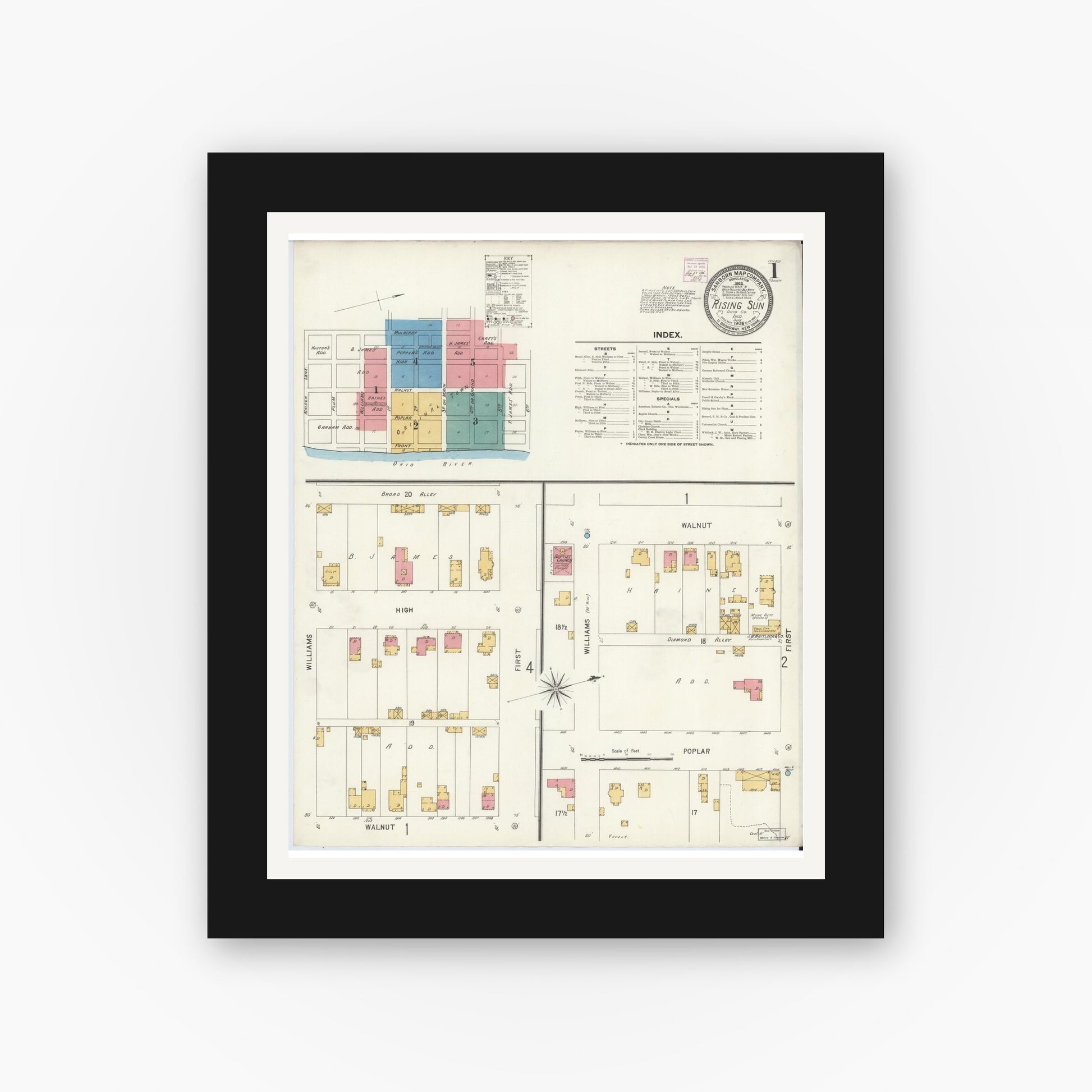 Old map wall art mockup — black gallery frame with white mat — Sanborn Fire Insurance Map from Rising Sun, Ohio County, Indiana (1906) - Complete Map Set