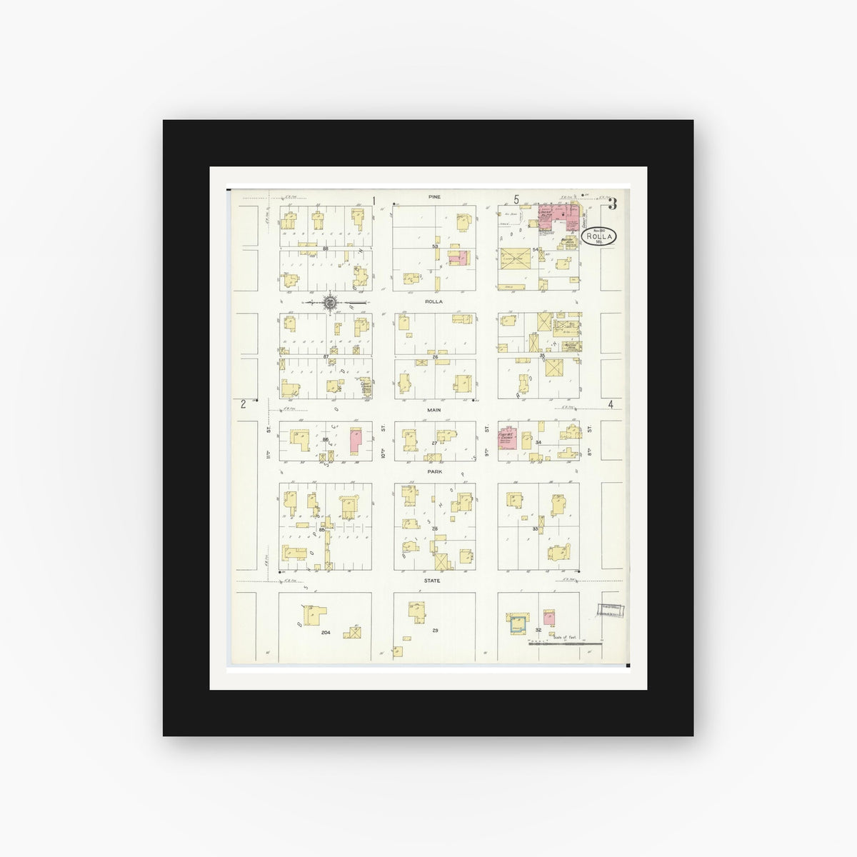 Old map wall art mockup — black gallery frame with white mat — Sanborn Fire Insurance Map from Rolla, Phelps County, Missouri (1910), Sheet #0003