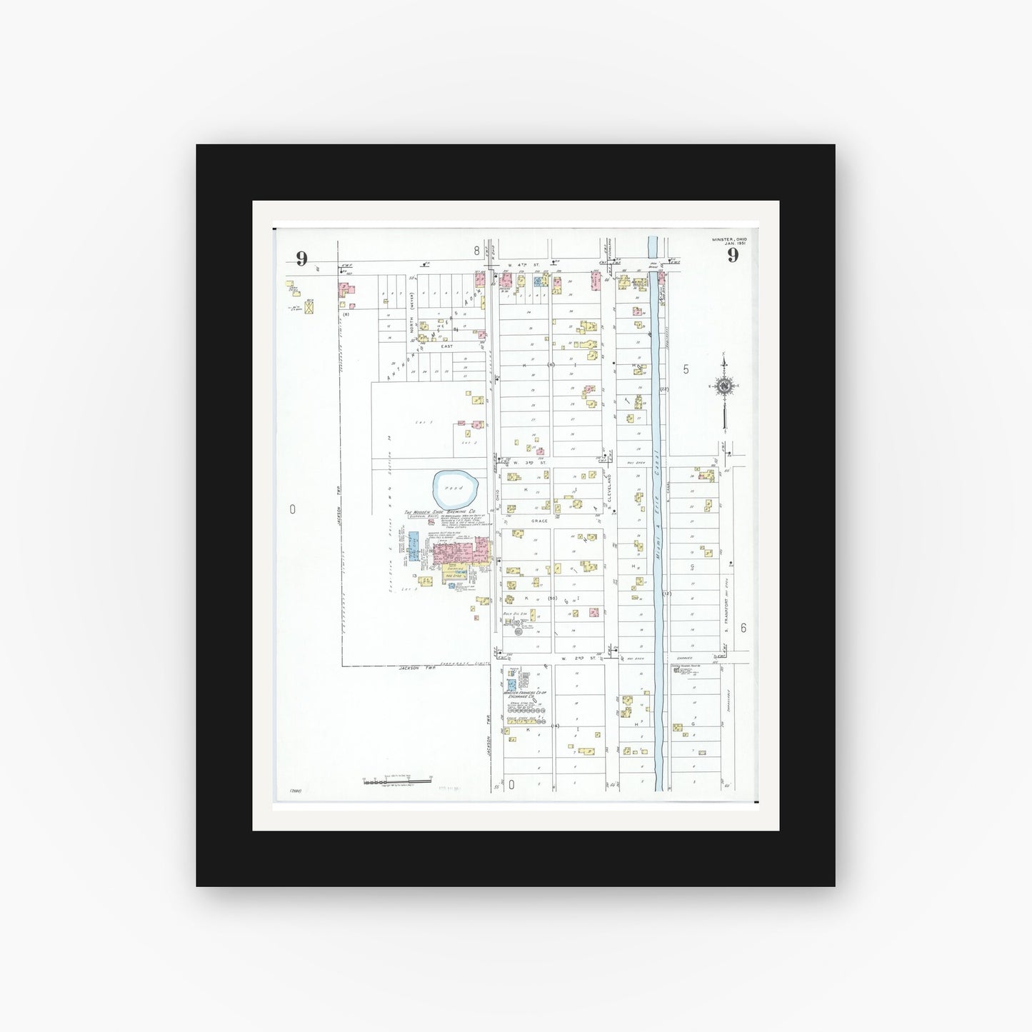 Old map wall art mockup — black gallery frame with white mat — Sanborn Fire Insurance Map from Minster, Auglaize County, Ohio (1951), Sheet #0009