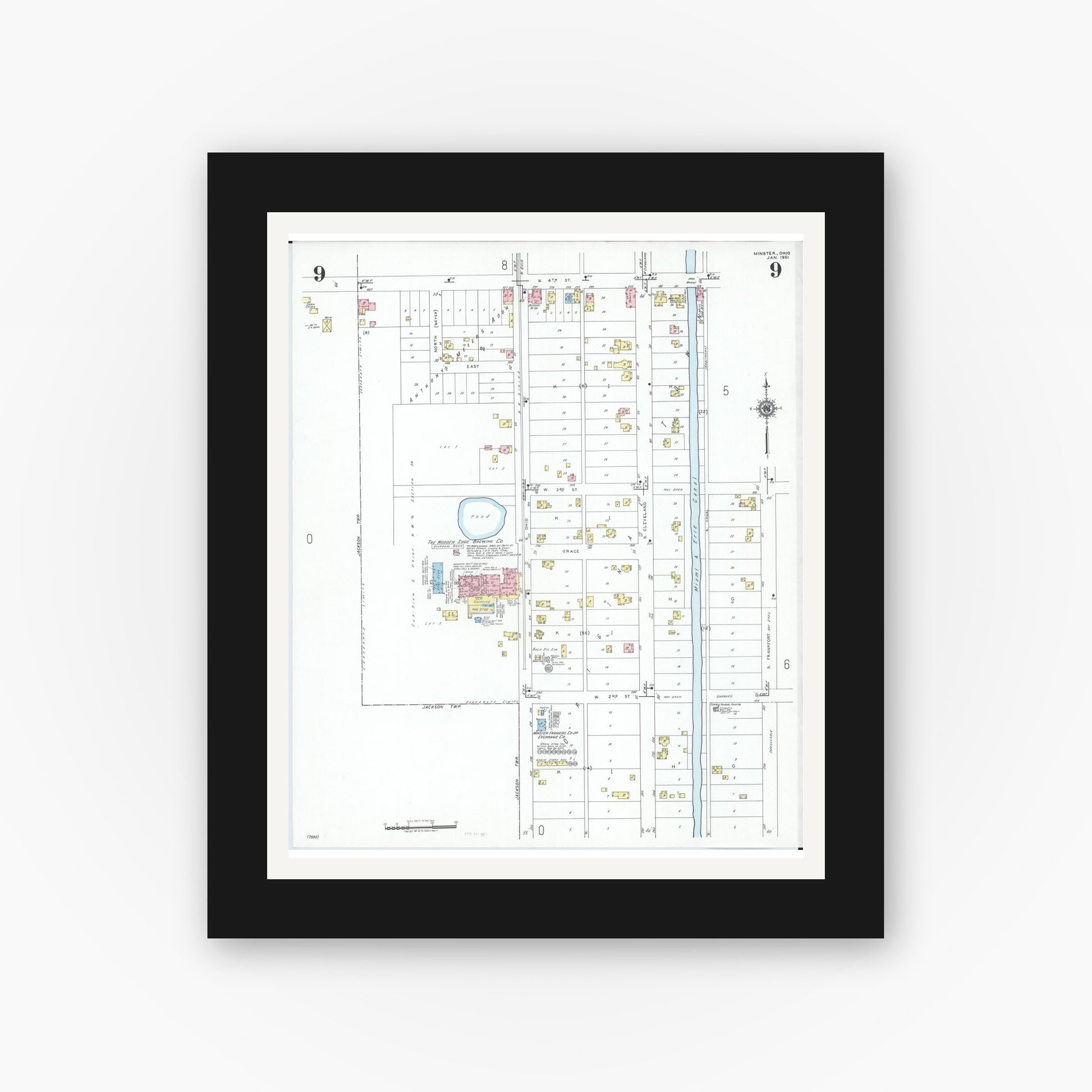 Old map wall art mockup — black gallery frame with white mat — Sanborn Fire Insurance Map from Minster, Auglaize County, Ohio (1951), Sheet #0009