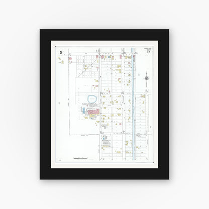Old map wall art mockup — black gallery frame with white mat — Sanborn Fire Insurance Map from Minster, Auglaize County, Ohio (1951), Sheet #0009
