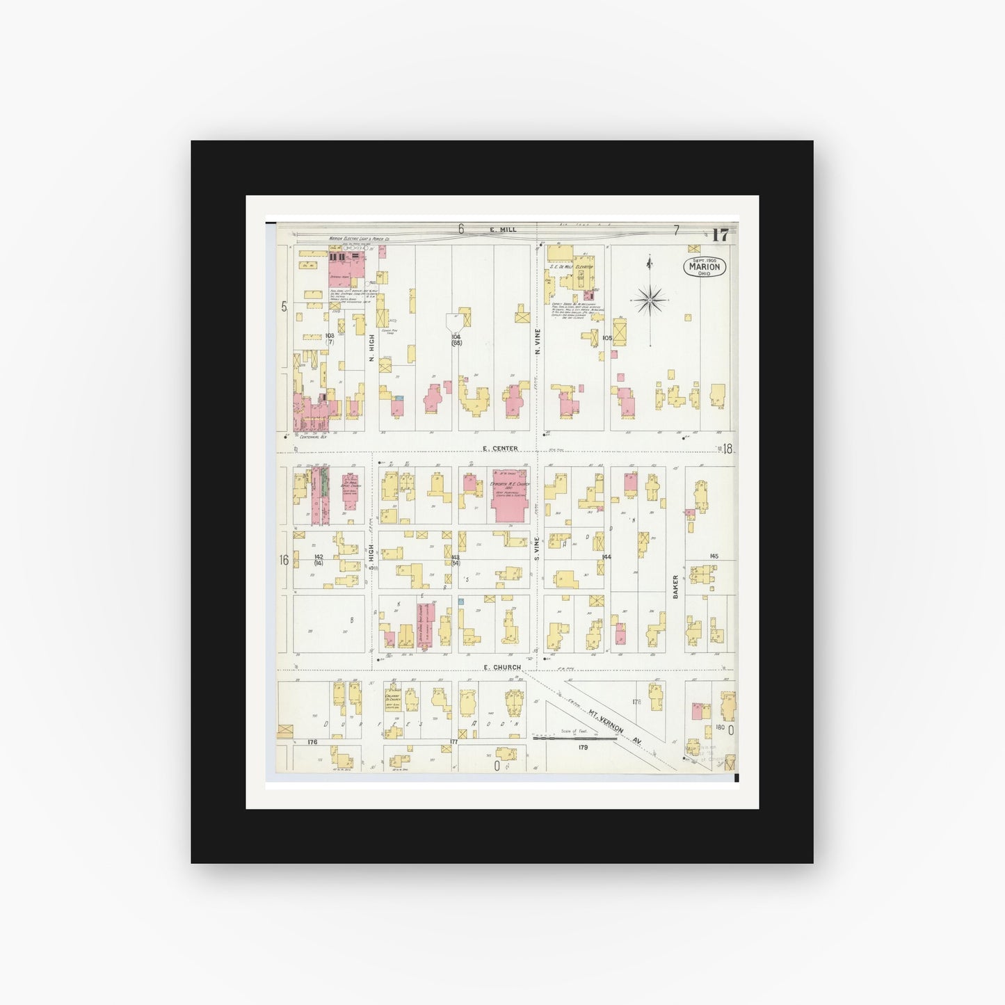 Old map wall art mockup — black gallery frame with white mat — Sanborn Fire Insurance Map from Marion, Marion County, Ohio (1900), Sheet #0017