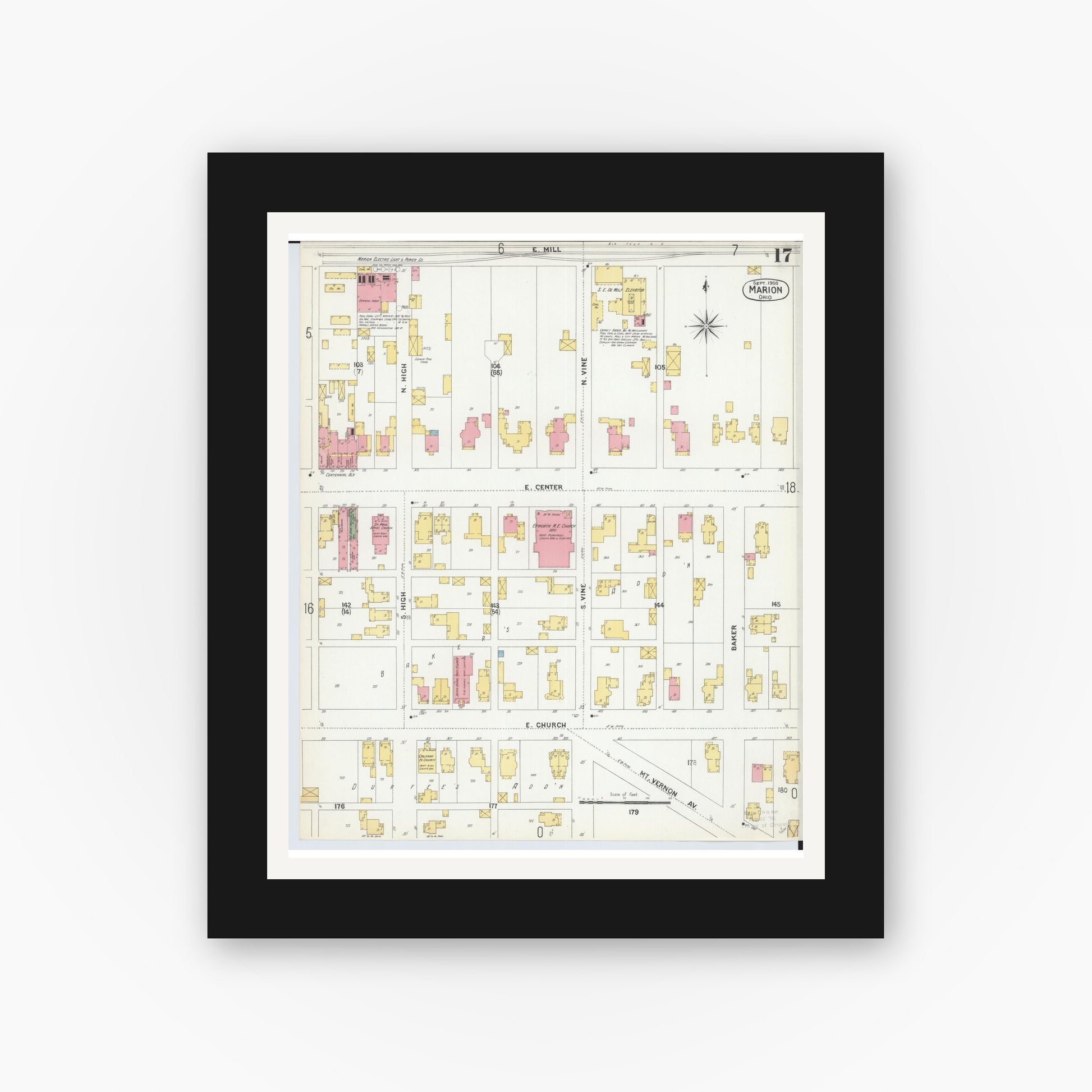 Old map wall art mockup — black gallery frame with white mat — Sanborn Fire Insurance Map from Marion, Marion County, Ohio (1900), Sheet #0017
