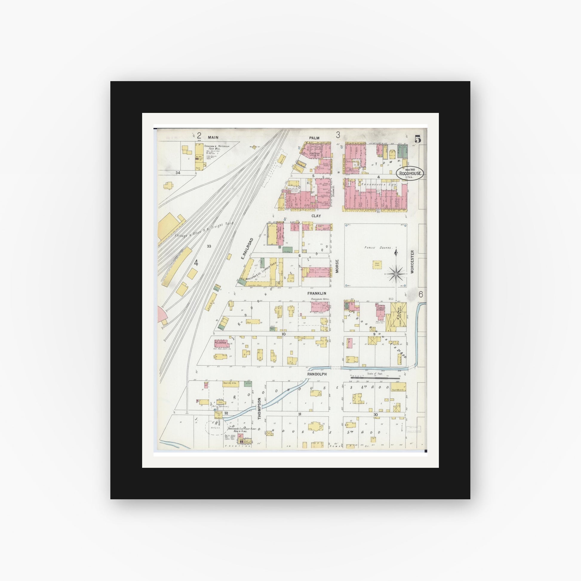 Old map wall art mockup — black gallery frame with white mat — Sanborn Fire Insurance Map from Roodhouse, Greene County, Illinois (1900), Sheet #0005