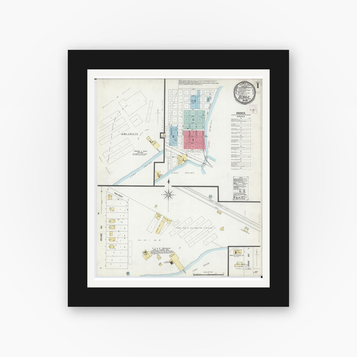Old map wall art mockup — black gallery frame with white mat — Sanborn Fire Insurance Map from Bemidji, Beltrami County, Minnesota (1900) - Complete Map Set