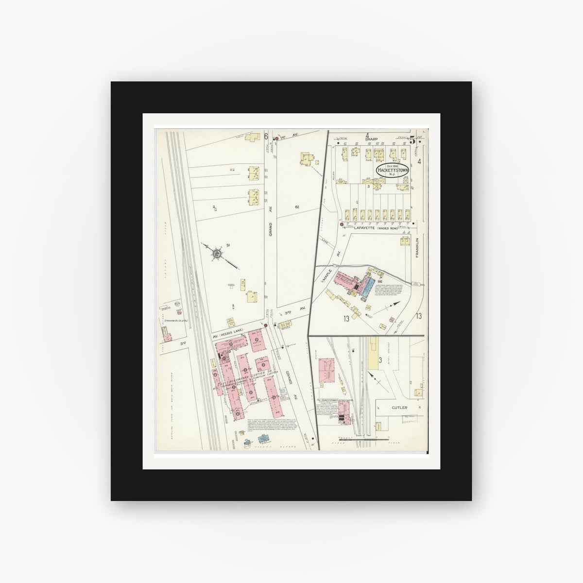 Old map wall art mockup — black gallery frame with white mat — Sanborn Fire Insurance Map from Hackettstown, Warren County, New Jersey (1914), Sheet #0005