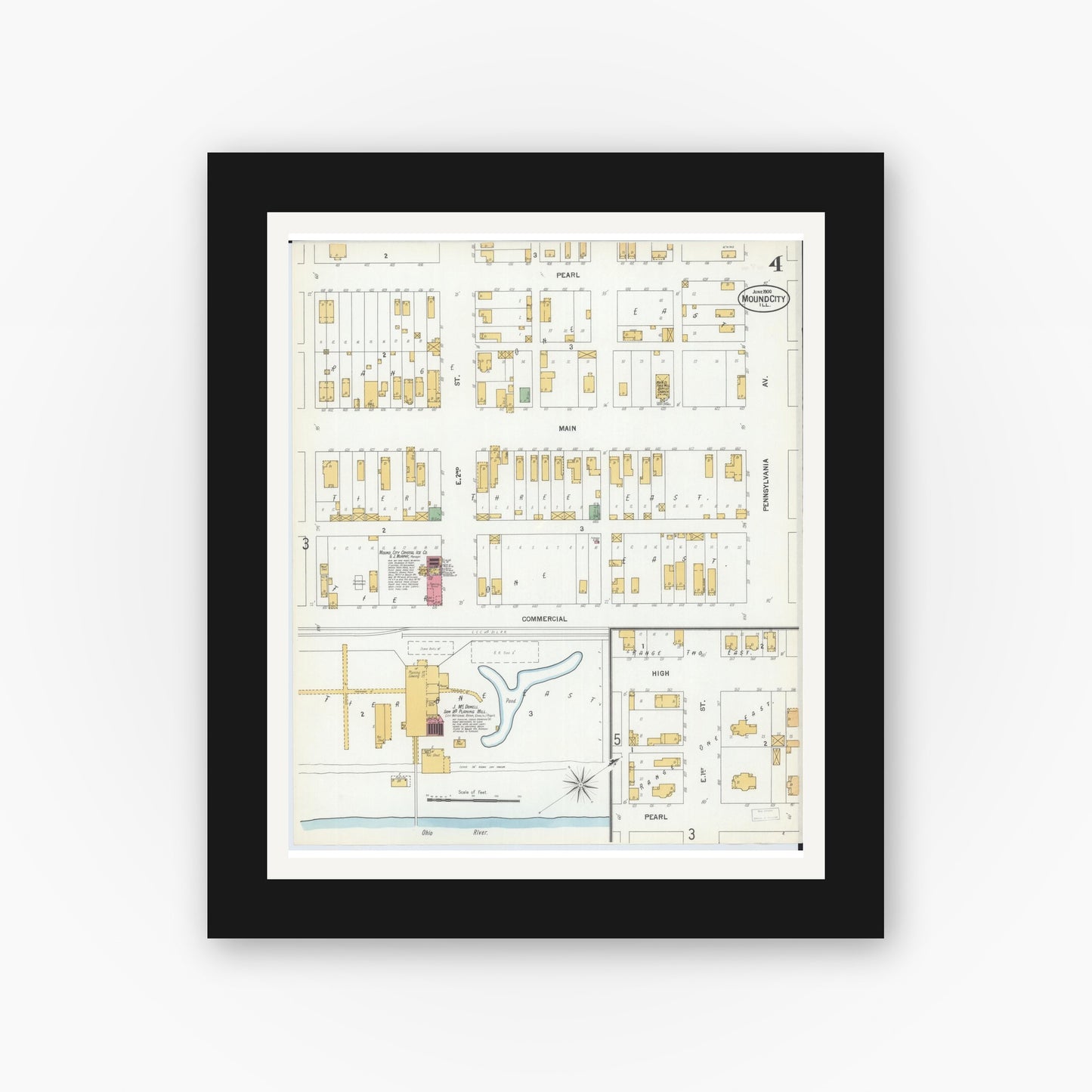 Old map wall art mockup — black gallery frame with white mat — Sanborn Fire Insurance Map from Mound City, Pulaski County, Illinois (1900), Sheet #0004