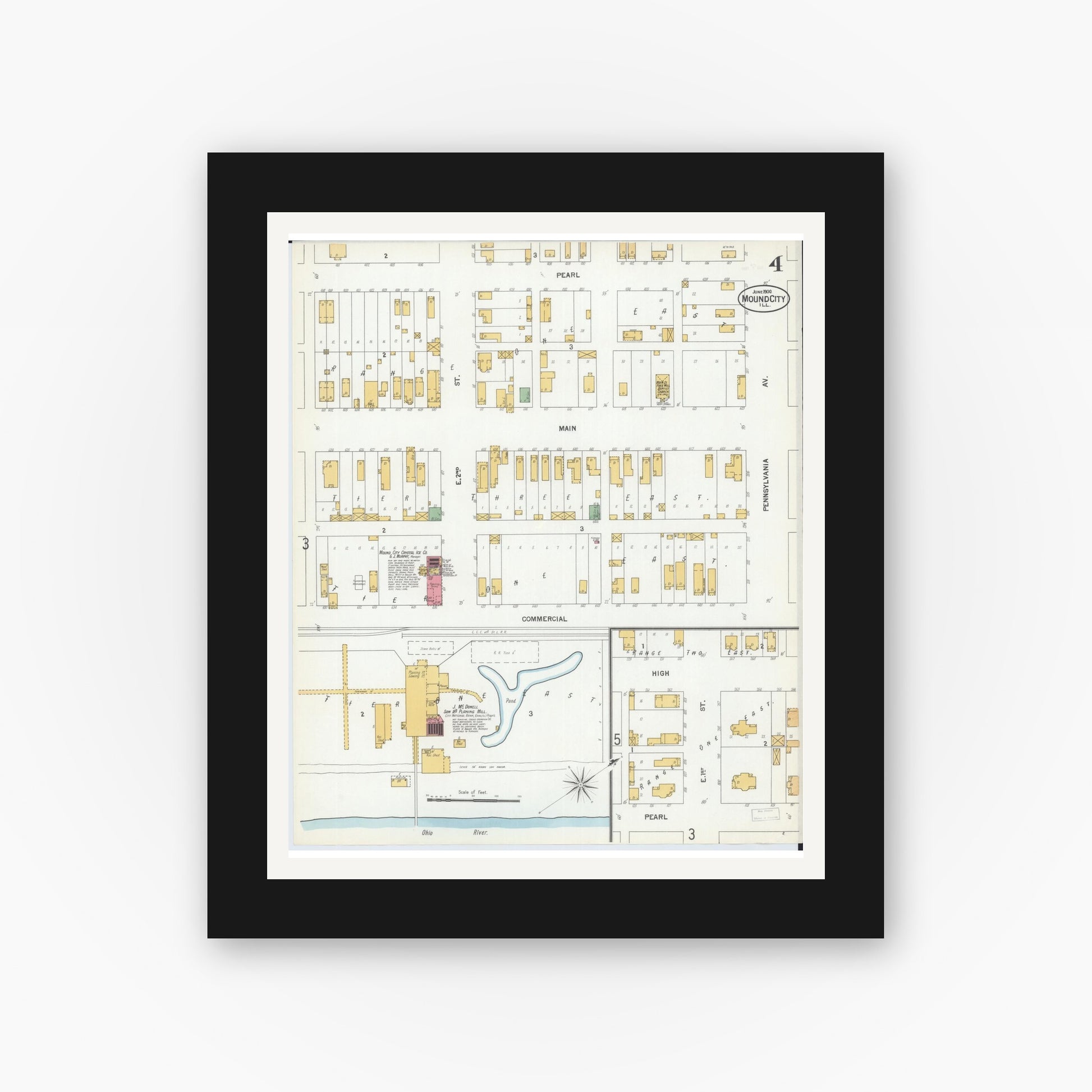 Old map wall art mockup — black gallery frame with white mat — Sanborn Fire Insurance Map from Mound City, Pulaski County, Illinois (1900), Sheet #0004