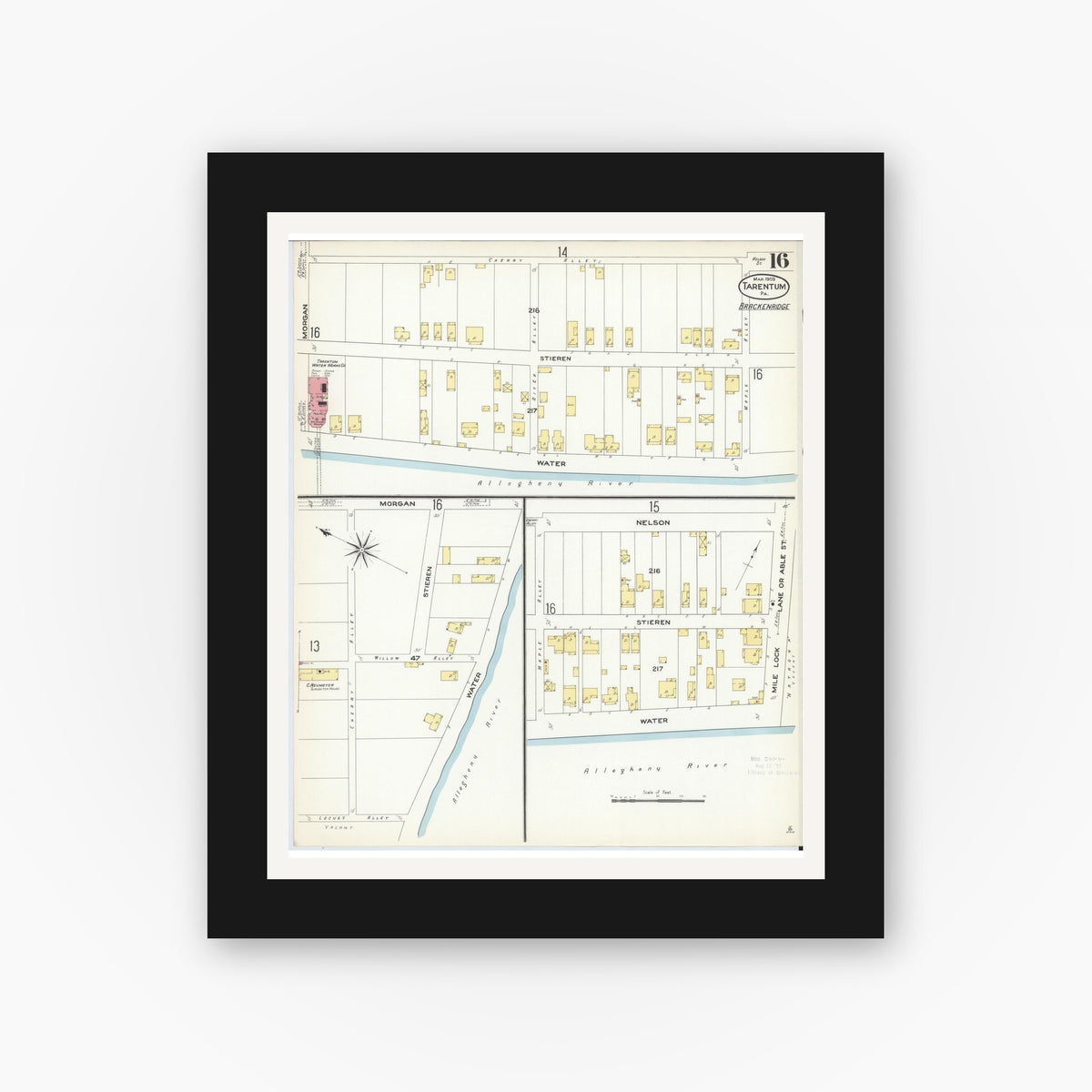 Old map wall art mockup — black gallery frame with white mat — Sanborn Fire Insurance Map from Tarentum, Allegheny County, Pennsylvania (1909), Sheet #0016