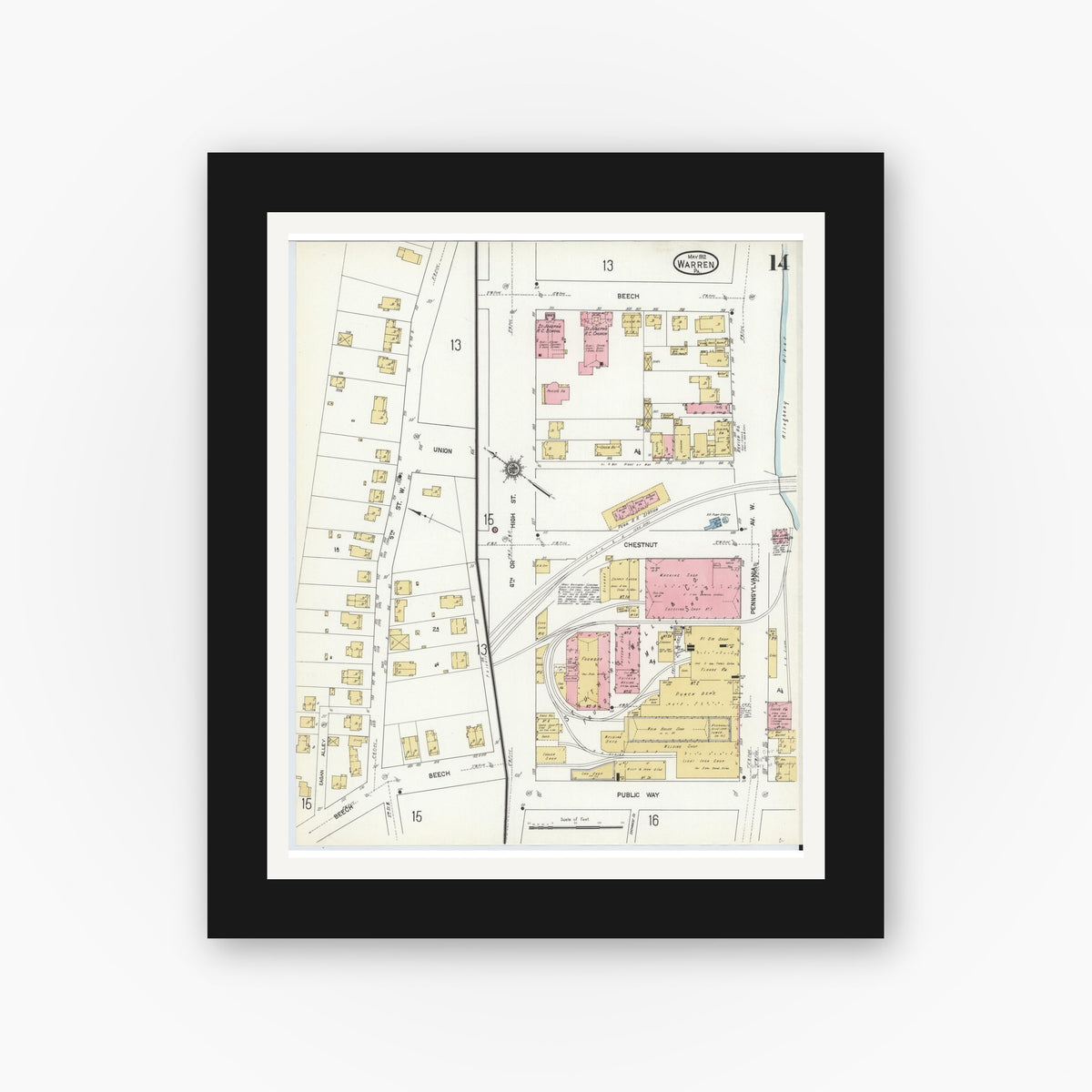 Old map wall art mockup — black gallery frame with white mat — Sanborn Fire Insurance Map from Warren, Warren County, Pennsylvania (1912), Sheet #0014