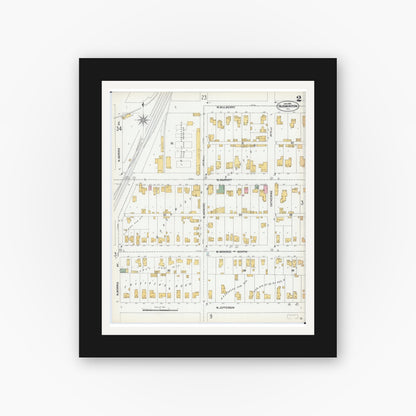 Old map wall art mockup — black gallery frame with white mat — Sanborn Fire Insurance Map from Bloomington, McLean County, Illinois (1901), Sheet #0002