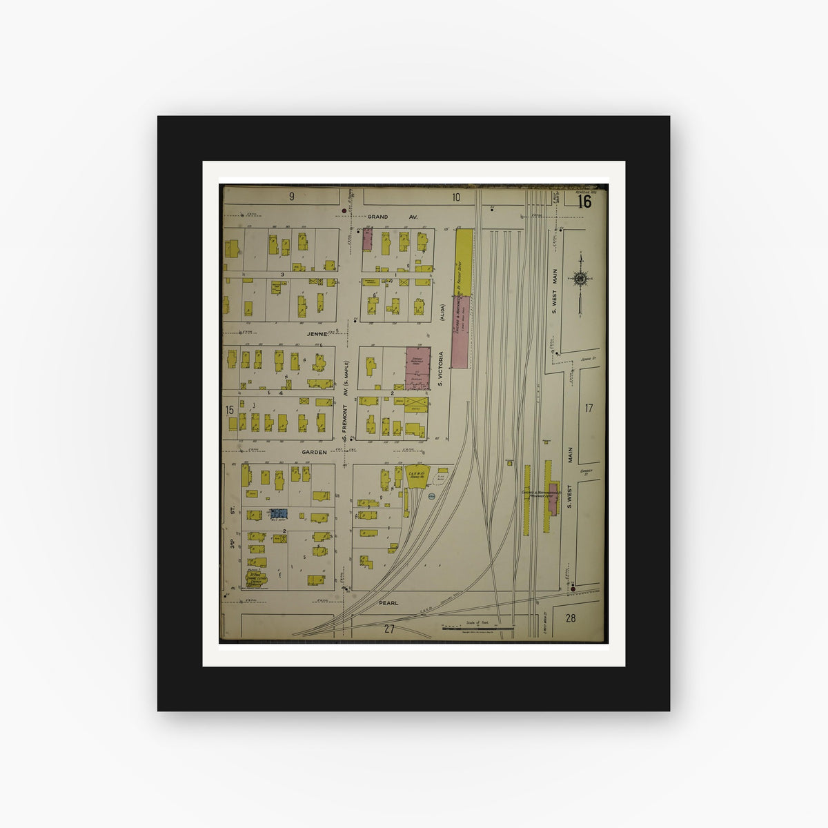 Old map wall art mockup — black gallery frame with white mat — Sanborn Fire Insurance Map from Kenosha, Kenosha County, Wisconsin. (1918), Sheet 20