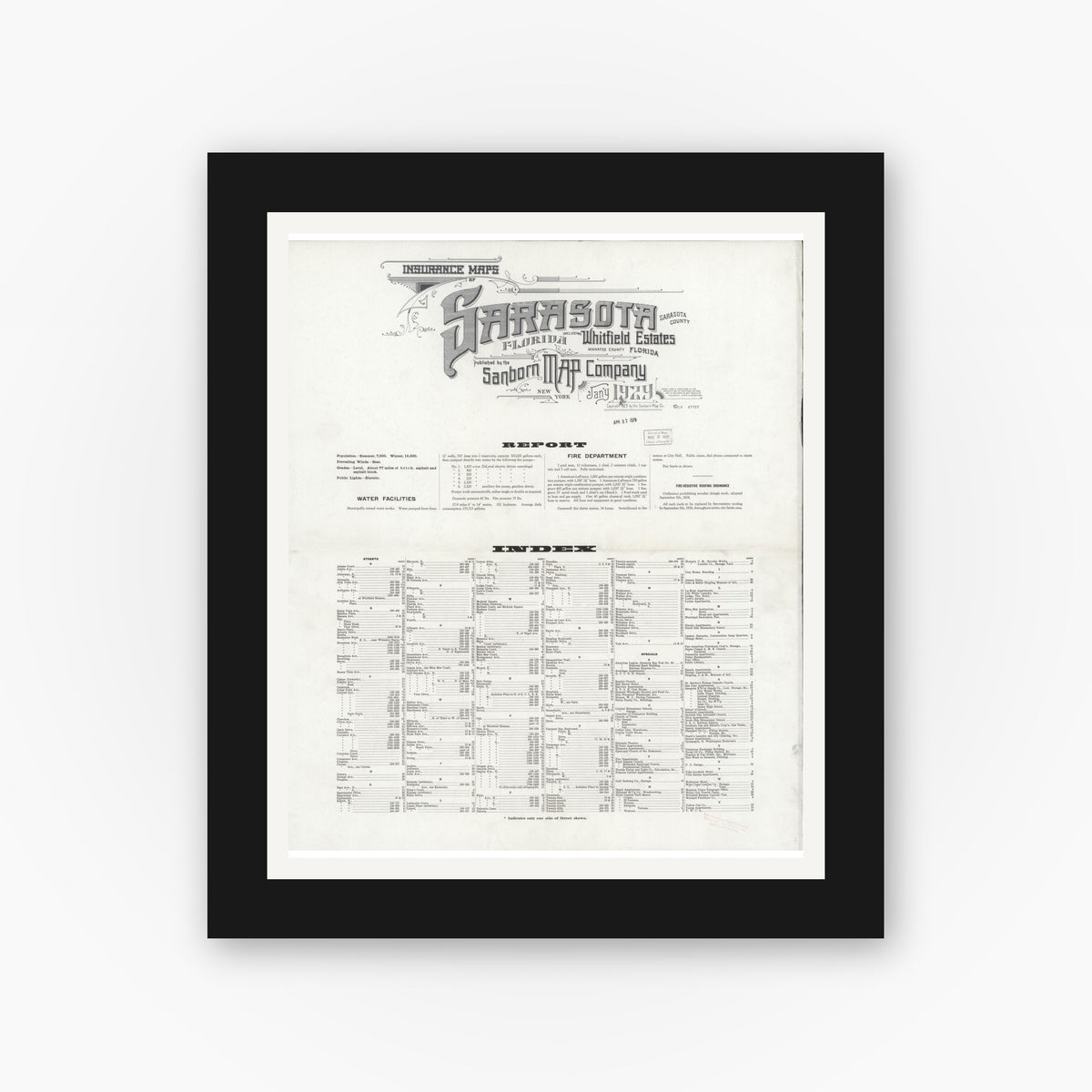 Old map wall art mockup — black gallery frame with white mat — Sanborn Fire Insurance Map from Sarasota, Sarasota County, Florida (1929), Sheet #0001