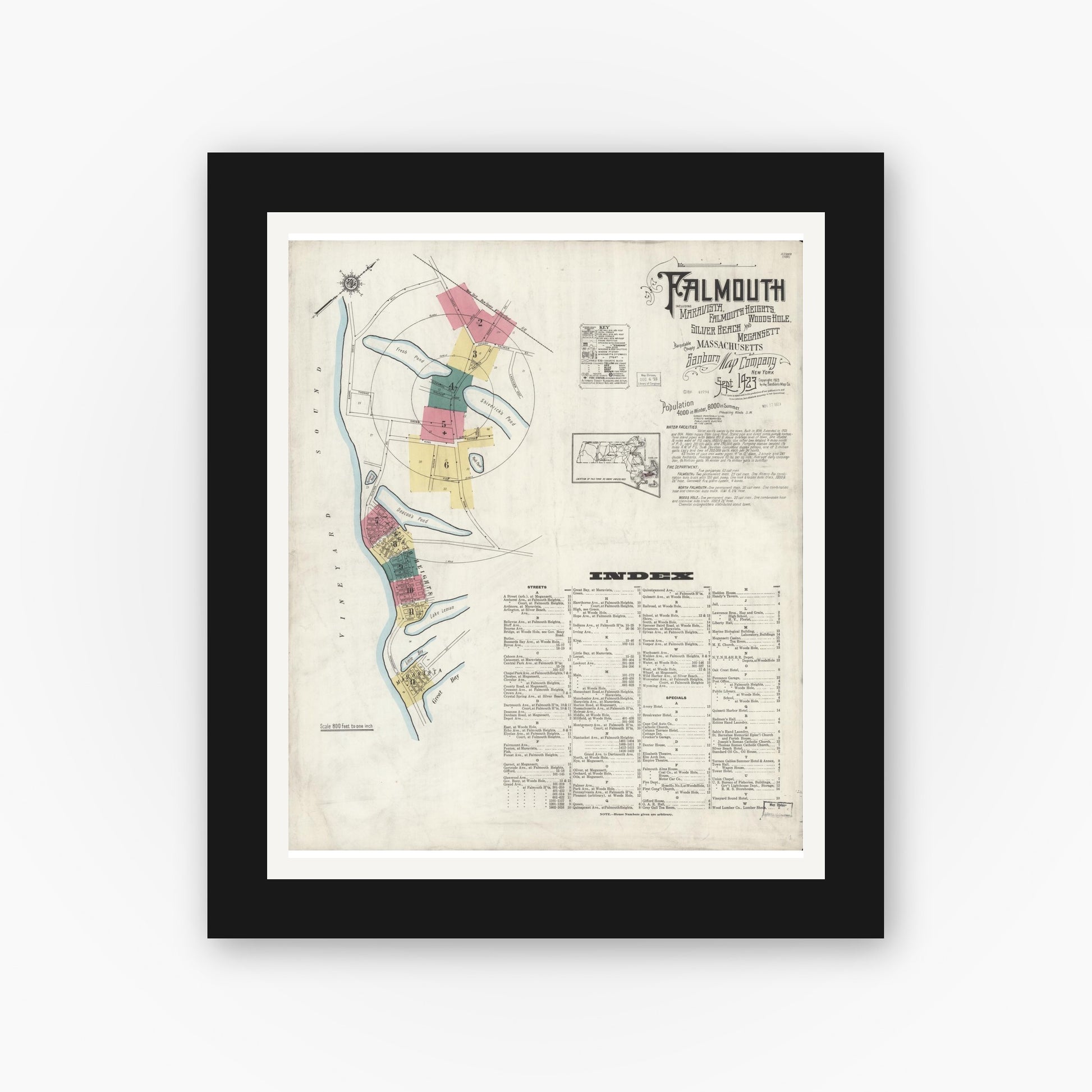 Old map wall art mockup — black gallery frame with white mat — Sanborn Fire Insurance Map from Falmouth, Barnstable County, Massachusetts (1923) - Complete Map Set